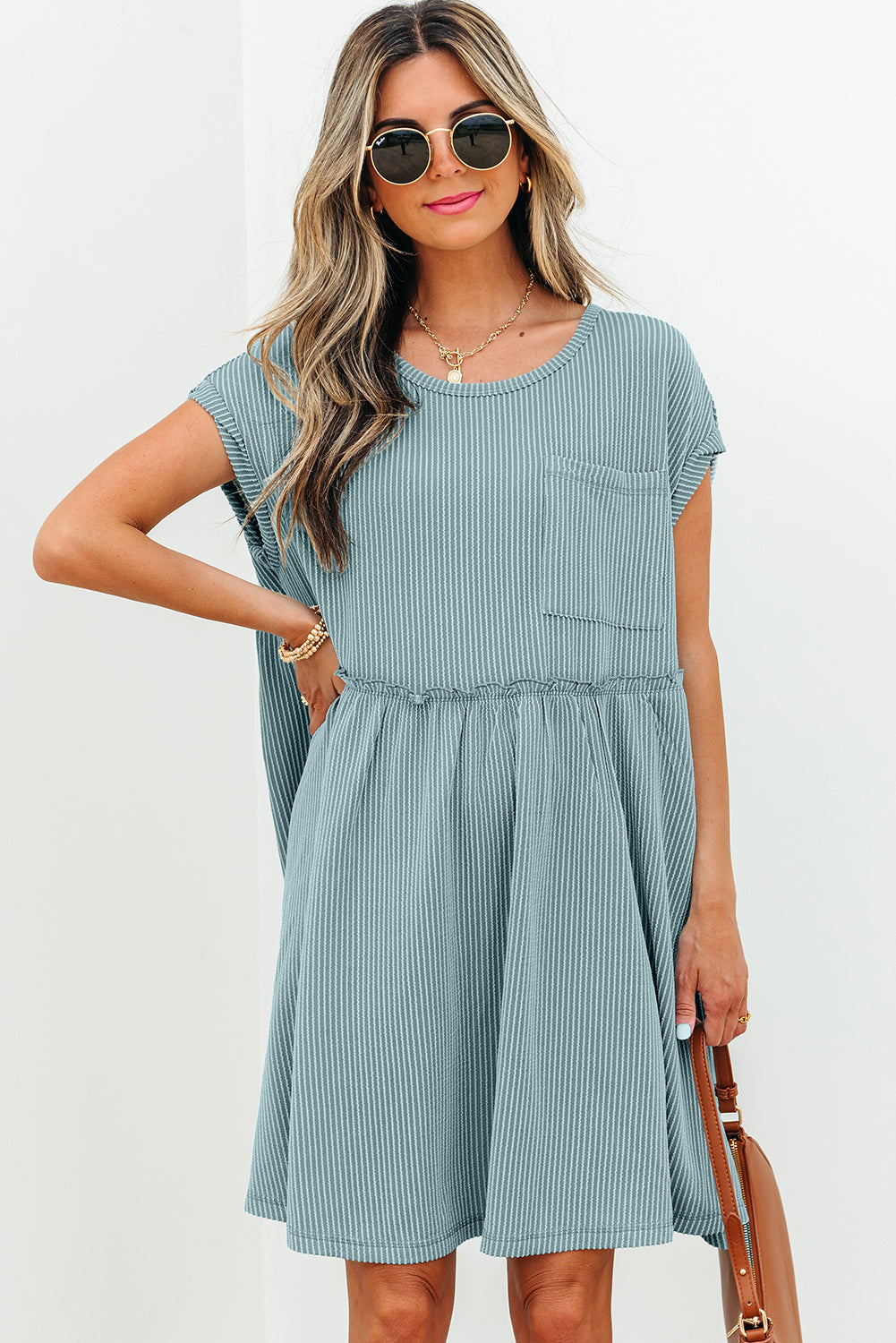 Corded Knit Textured Patched Pocket Frilled Swing Mini Dress with Pockets Dusty Pink