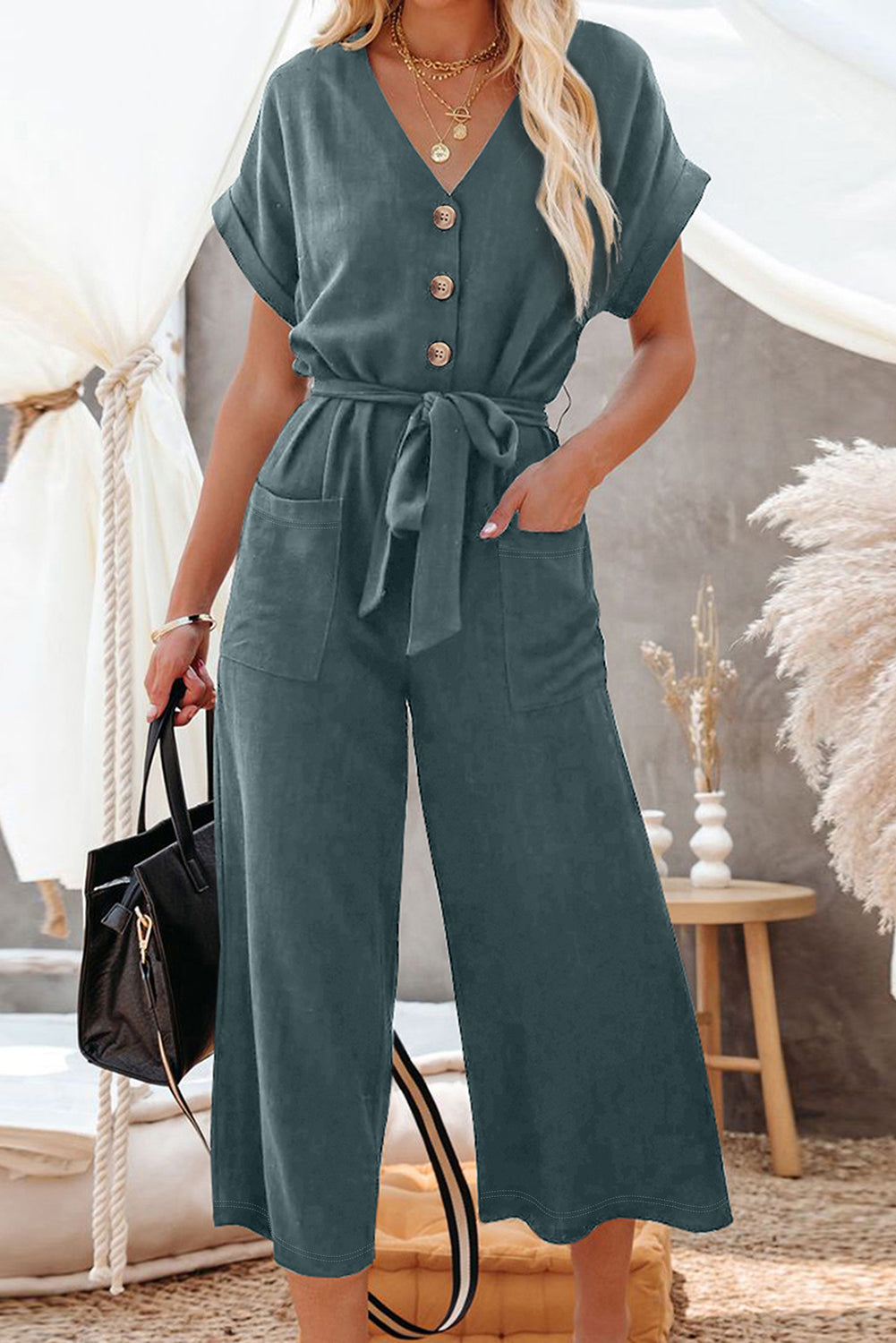 Pocketed Jumpsuit Black Dolman Button Belted V Neck Wide Leg