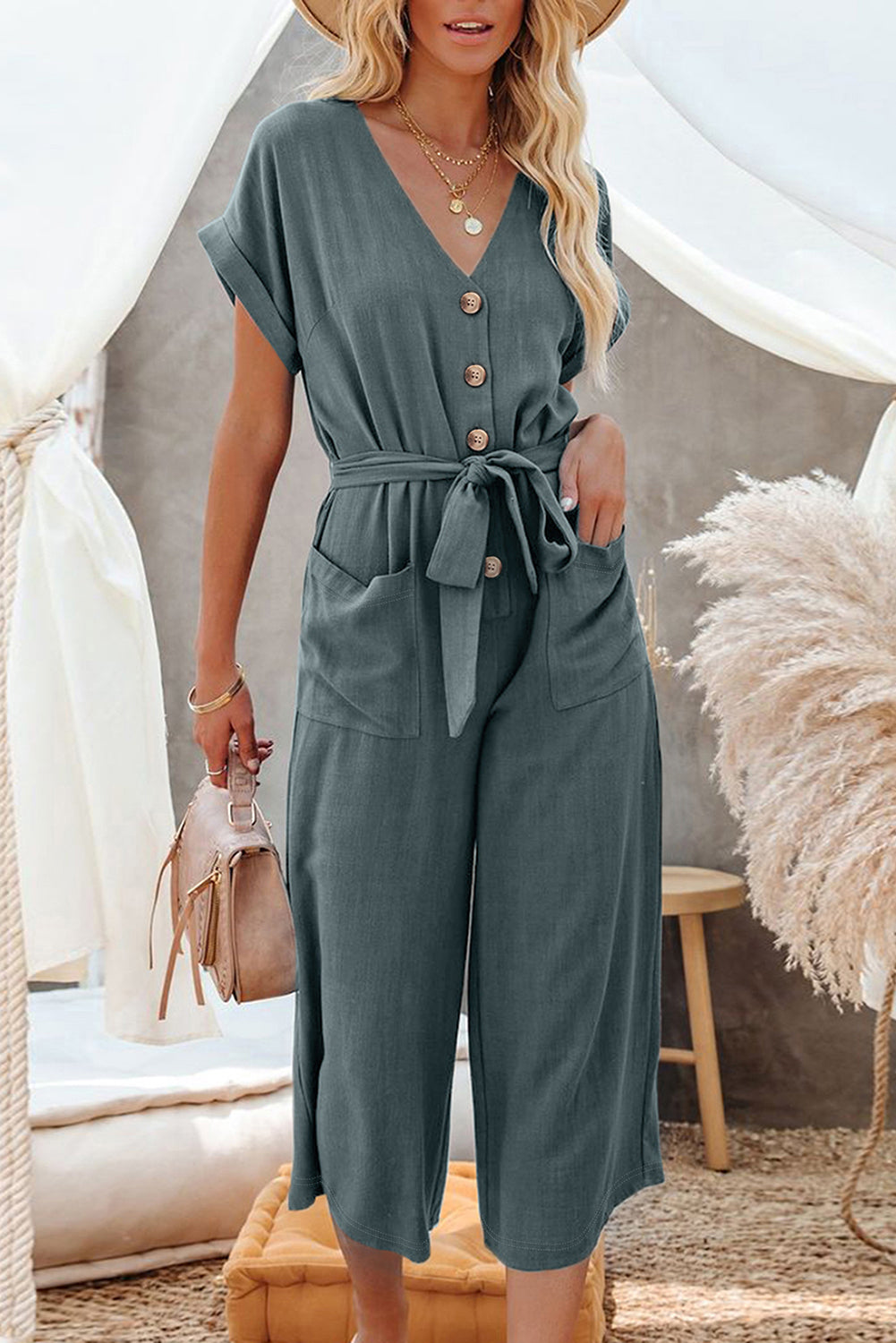 Pocketed Jumpsuit Black Dolman Button Belted V Neck Wide Leg