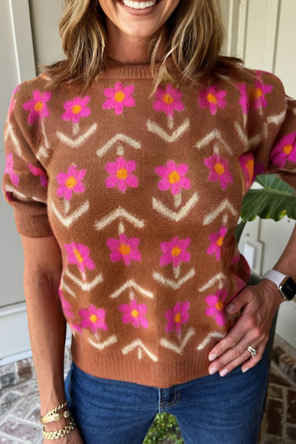 Brown Floral Short Puff Sleeve Sweater