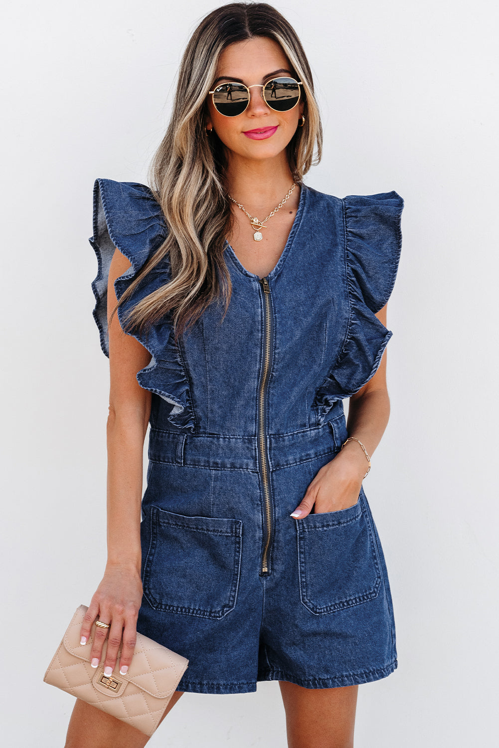 Belted Romper Sail Blue Denim Ruffled Zipped Front