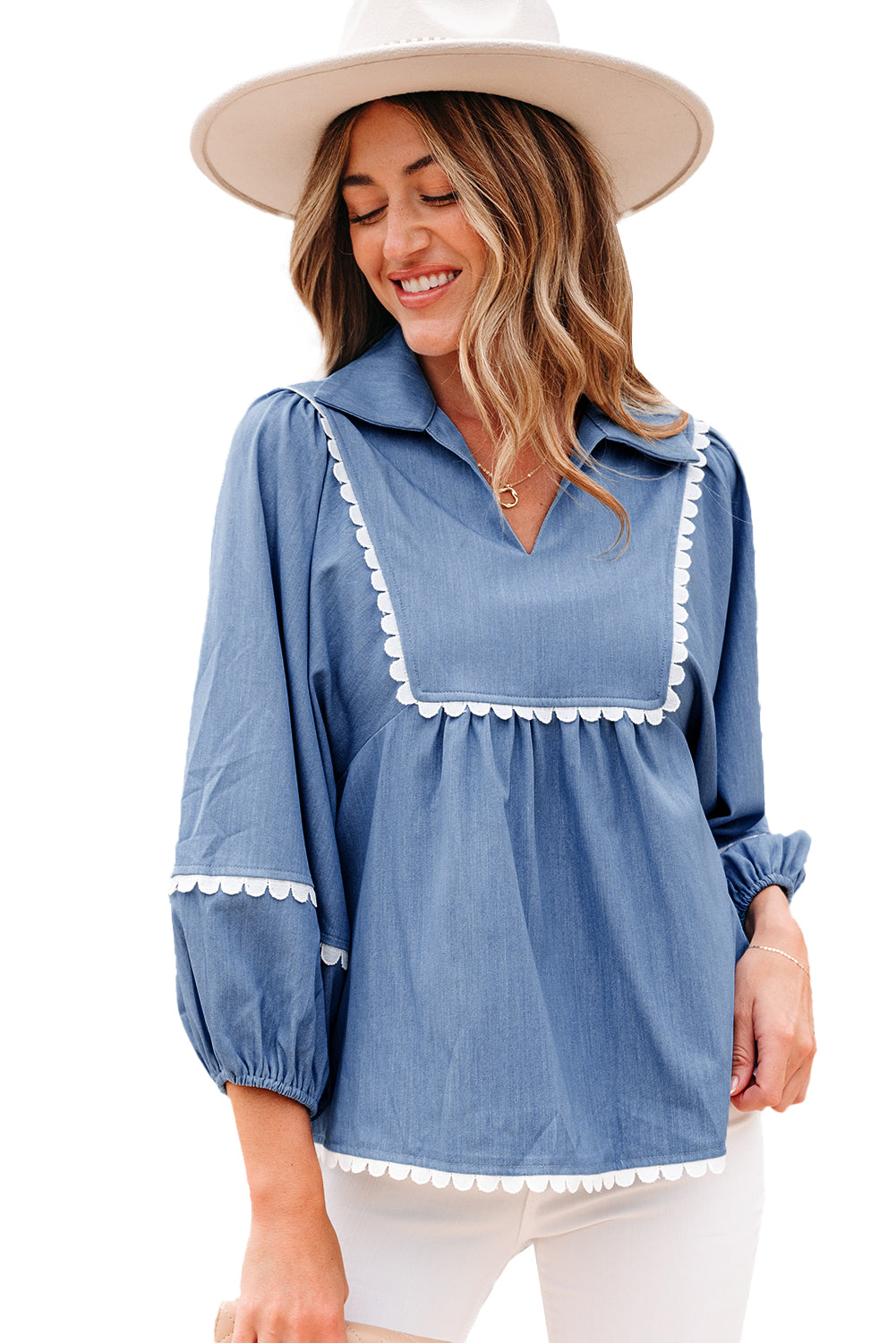 Dusk Blue Lace Ric Rac 3/4 Puff Sleeve Collared Babydoll Blouse