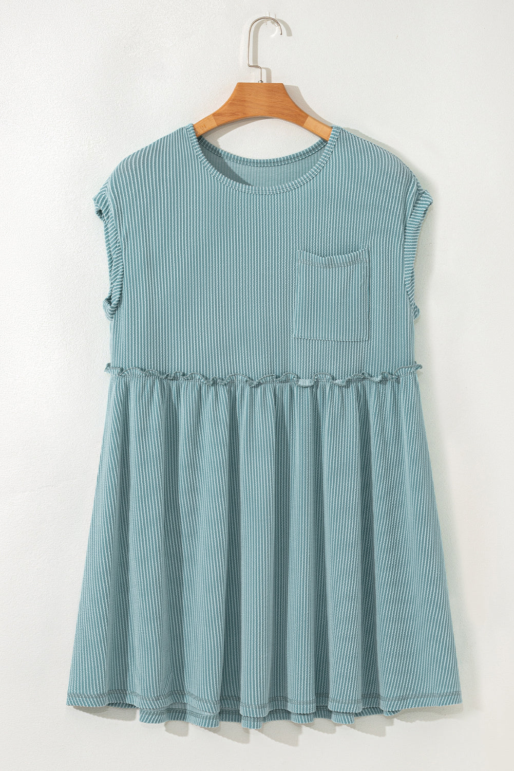 Corded Knit Textured Patched Pocket Frilled Swing Mini Dress with Pockets Dusty Pink