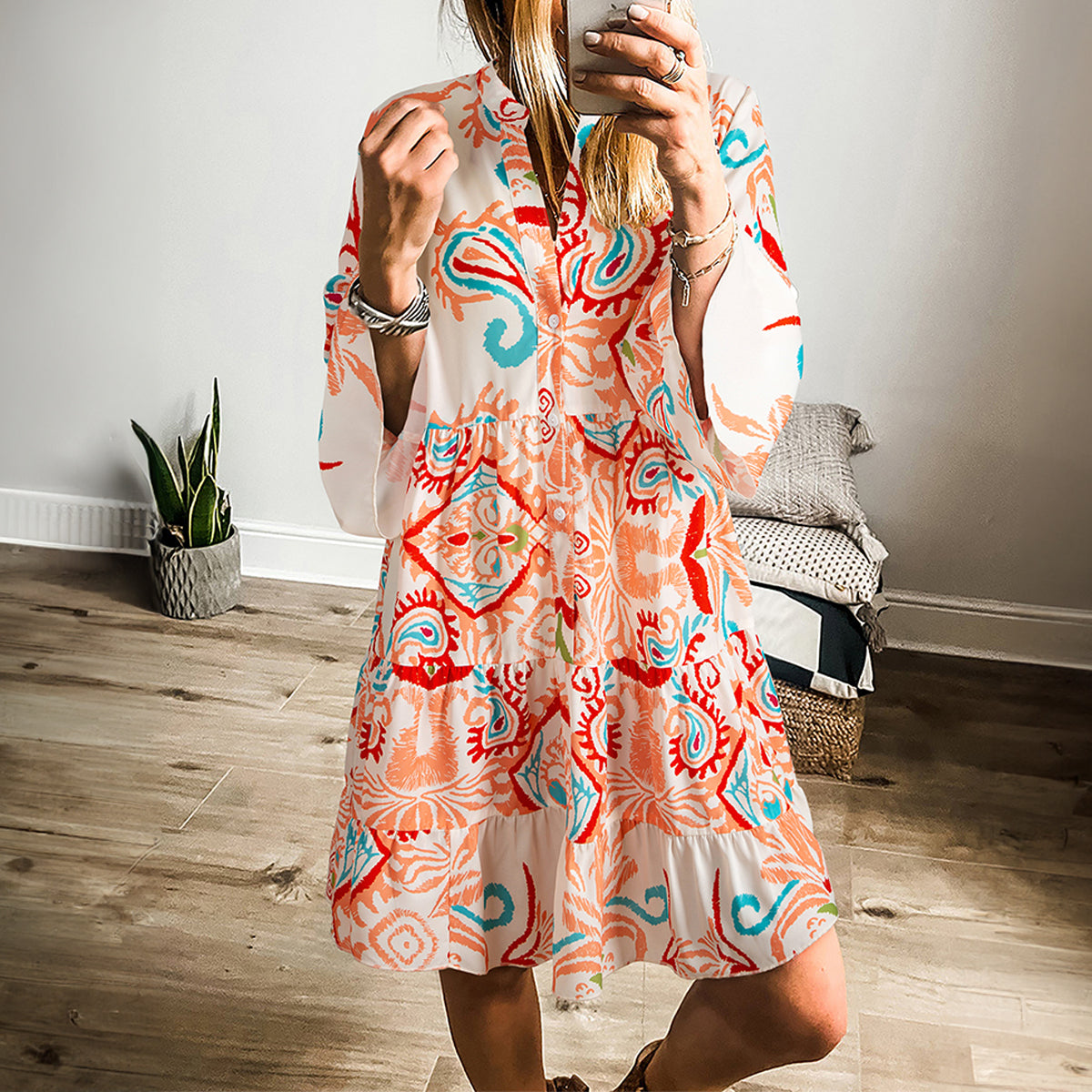 White Printed Tribal Bracelet Sleeve Buttoned Mini Dress