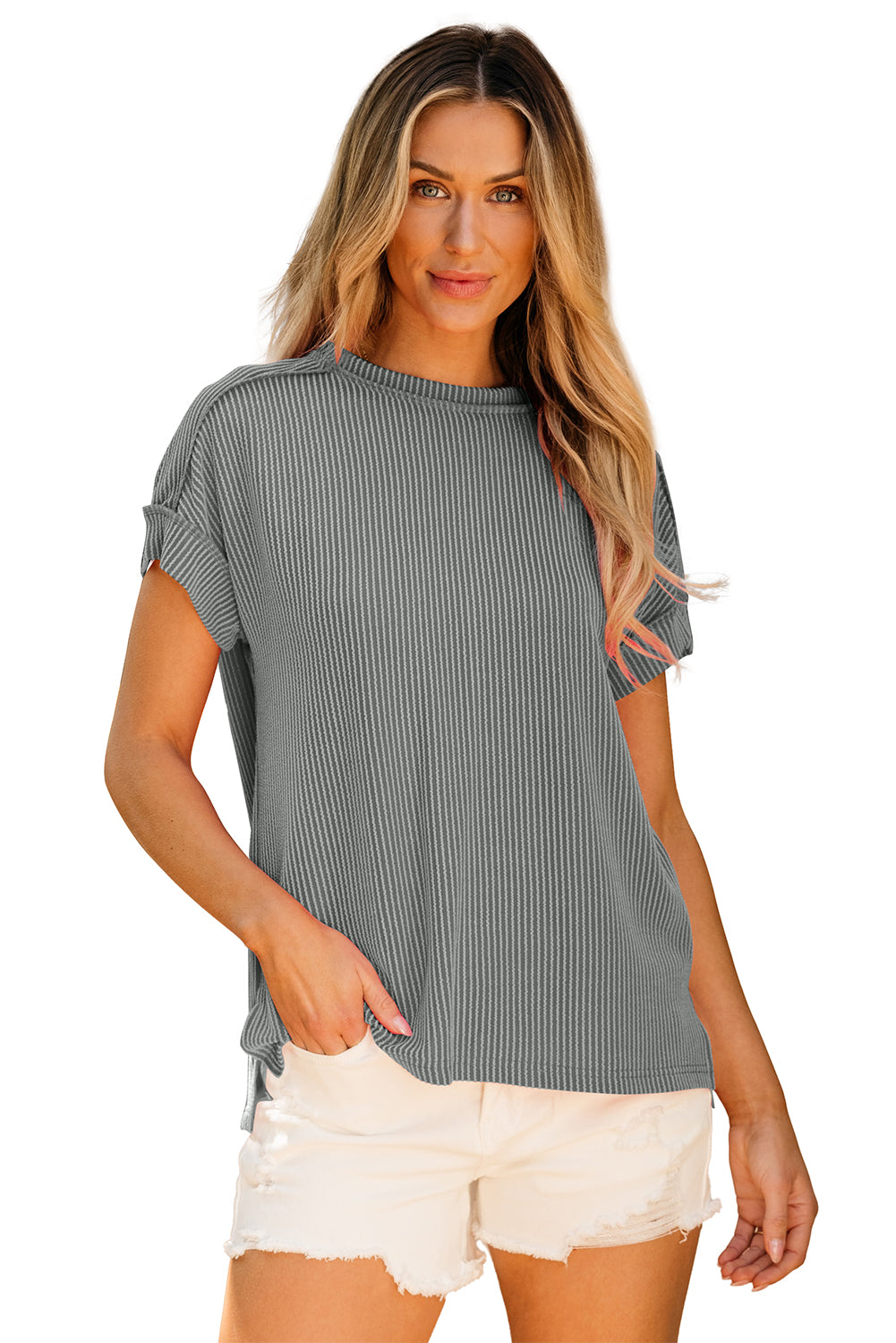 Black Textured Knit Exposed Stitching T-shirt