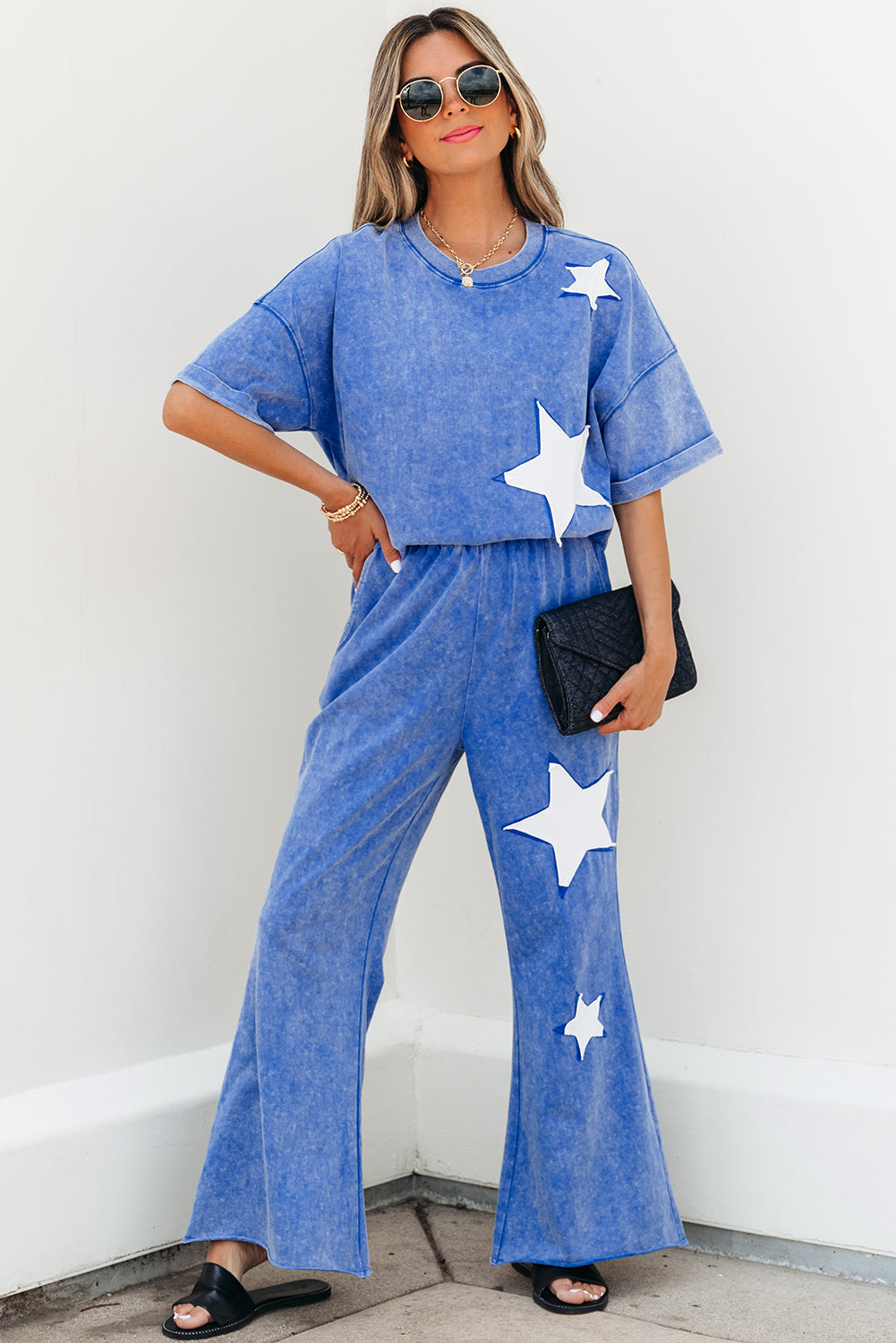 Mint Green Acid Wash Star Patched Rolled Trim Pants Set