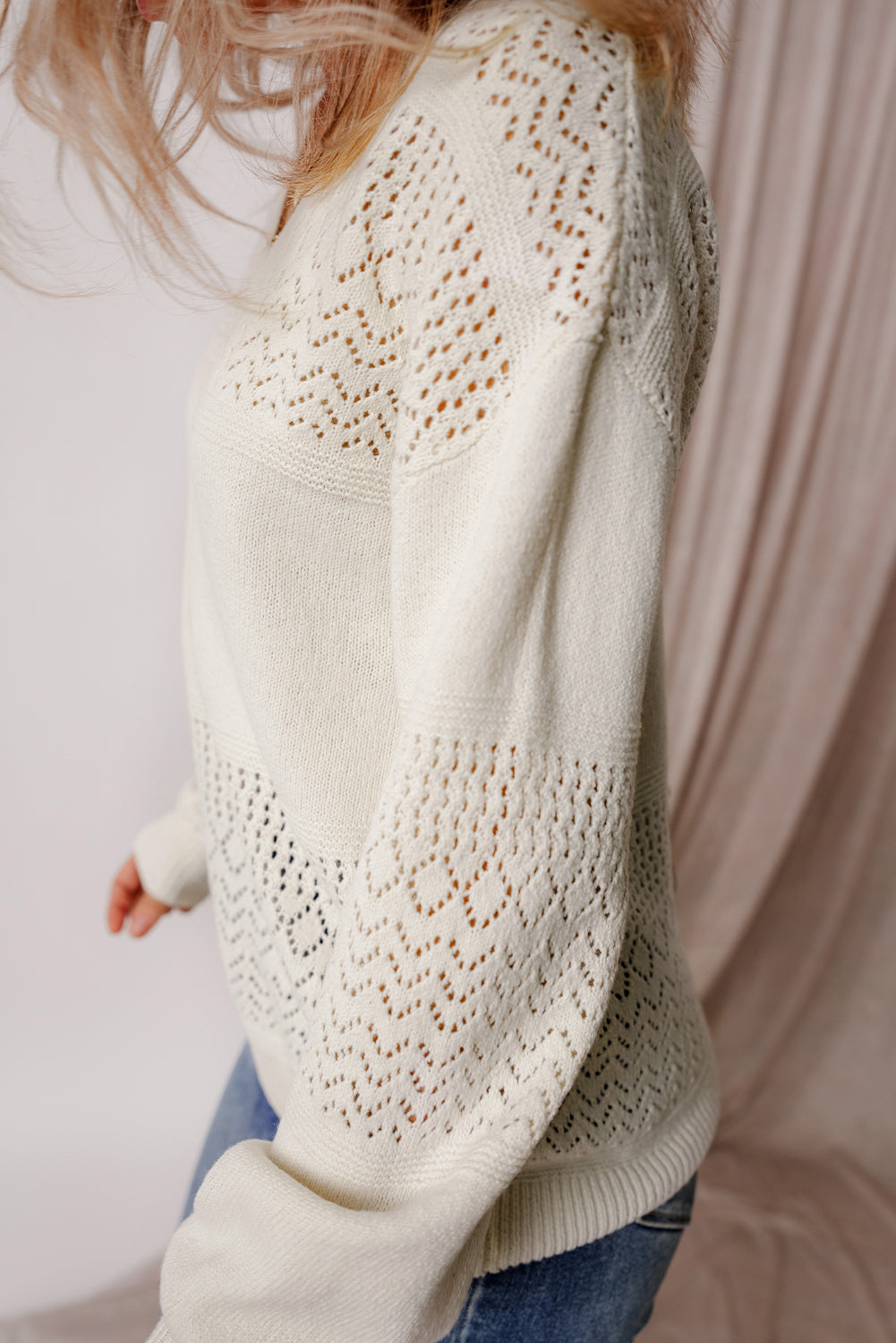 Brown Eyelet Pattern Detail V Neck Drop Shoulder Sweater
