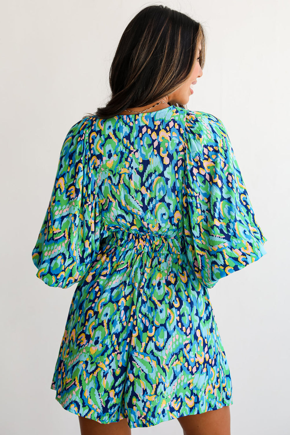 Romper Abstract Print Puff Sleeve V Neck High Waist