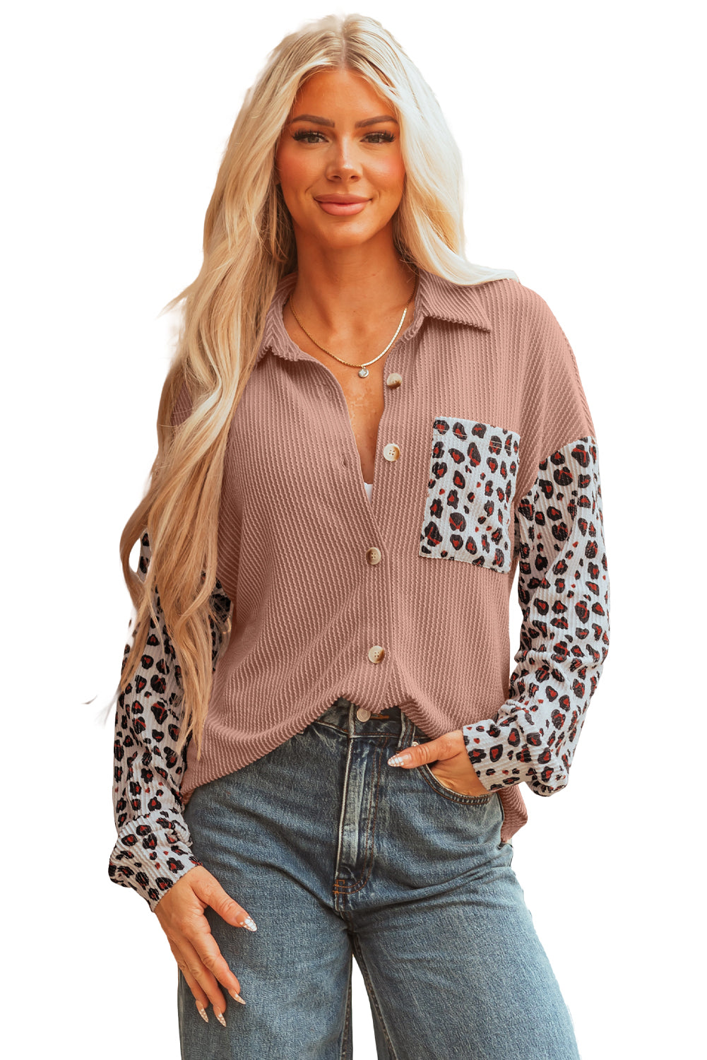 Western Casual Shacket Dark Khaki Leopard Patched Twisted Ribbed