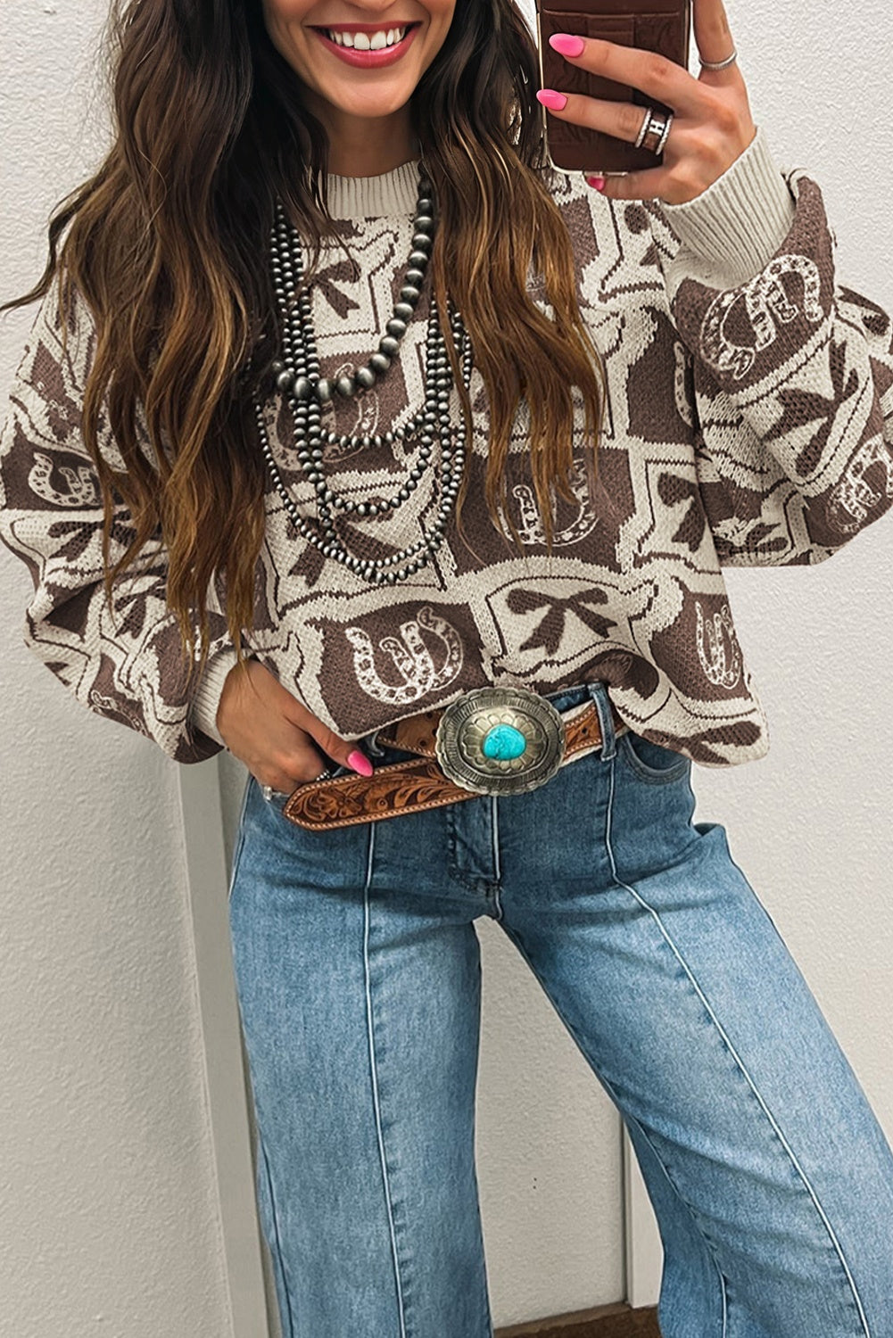 Brown Bows & Horseshoes Pattern Western Fashion Print Sweater