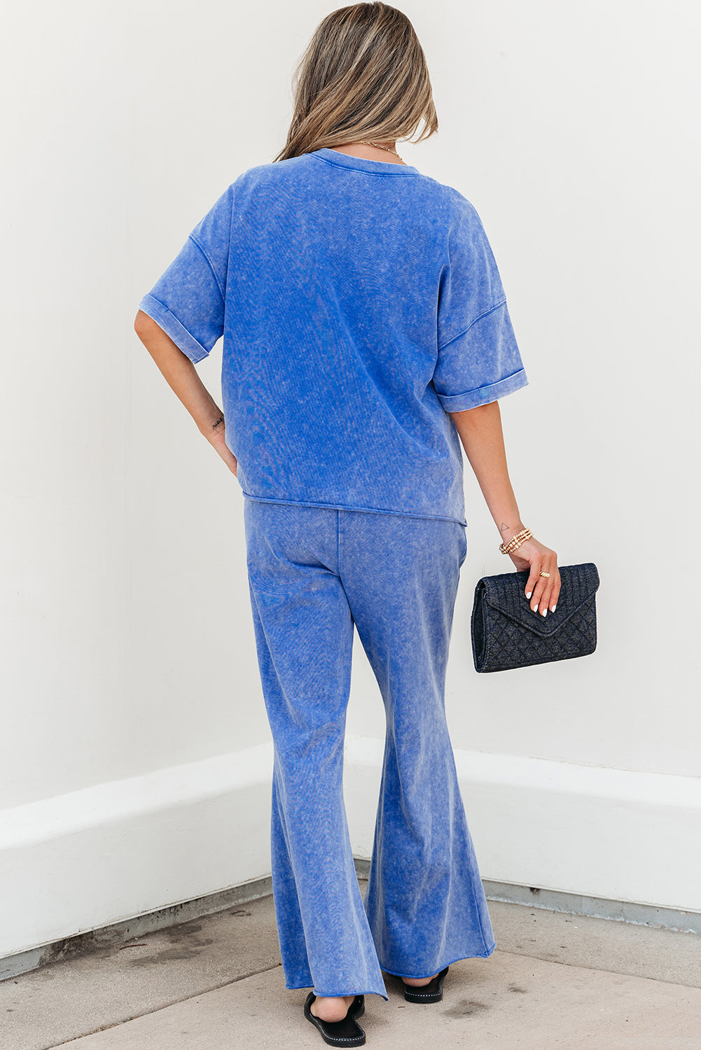 Mint Green Acid Wash Star Patched Rolled Trim Pants Set