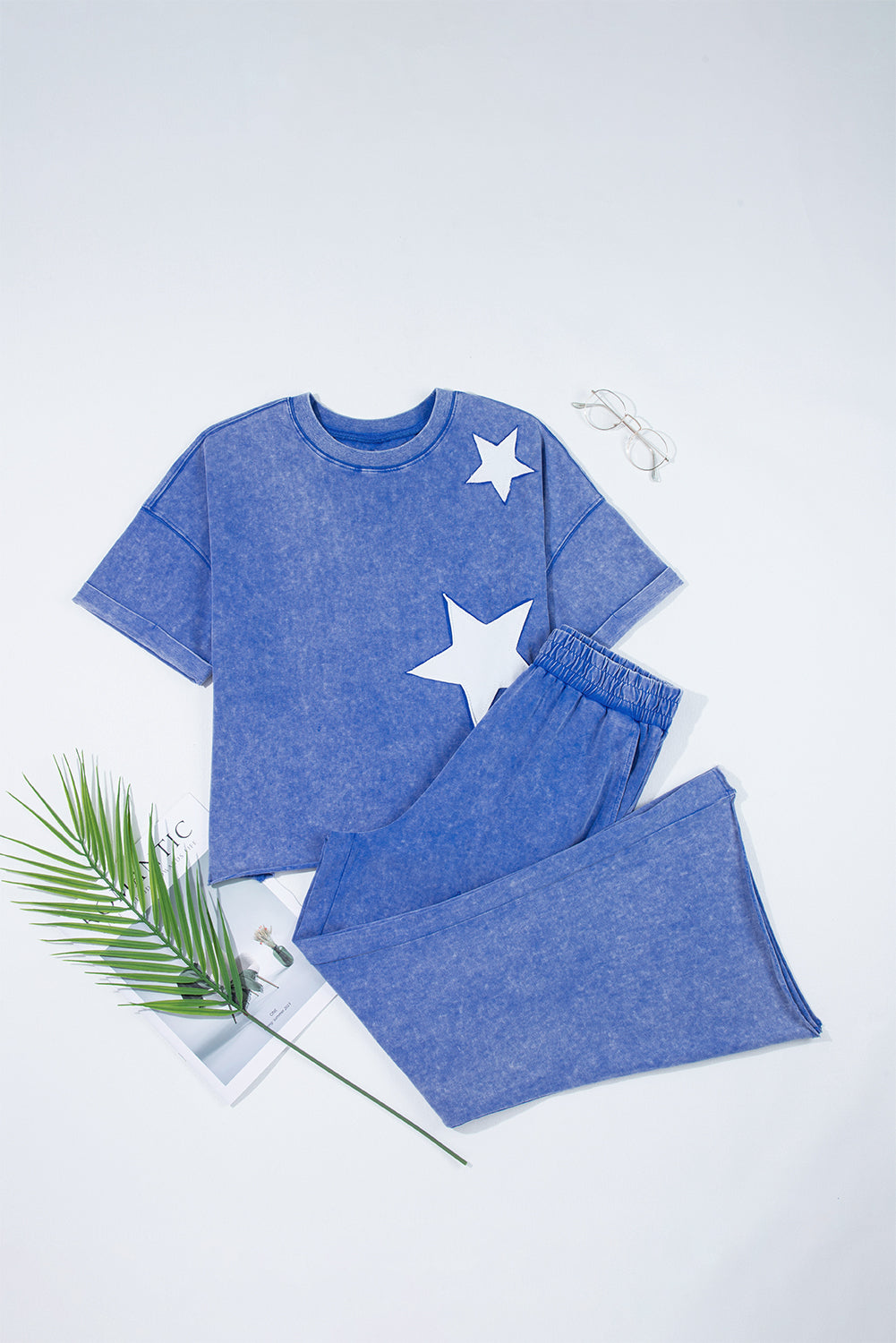Mint Green Acid Wash Star Patched Rolled Trim Pants Set