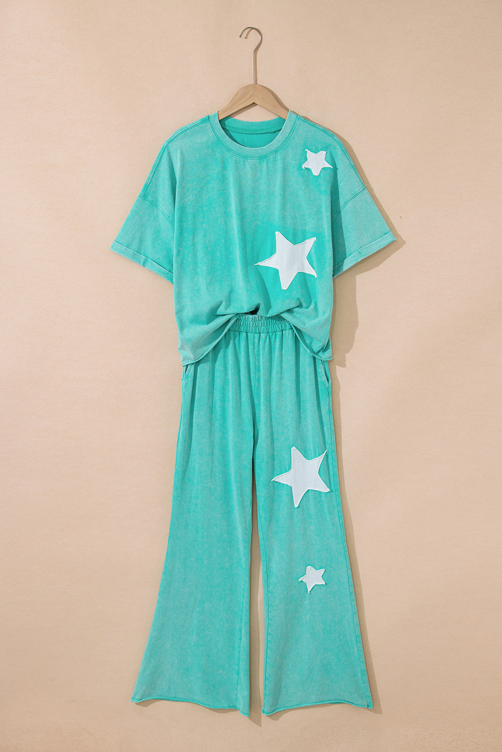 Mint Green Acid Wash Star Patched Rolled Trim Pants Set