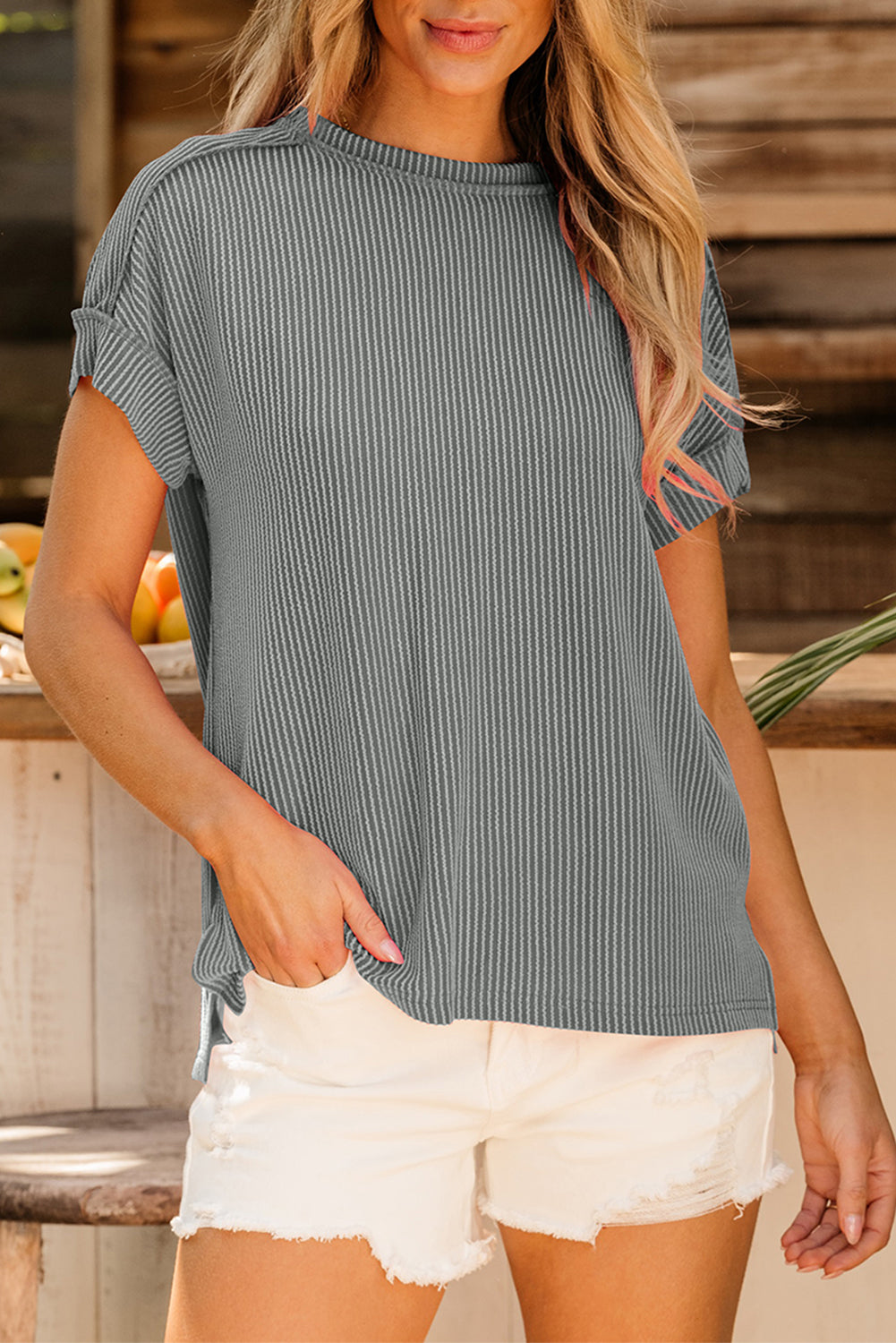 Black Textured Knit Exposed Stitching T-shirt