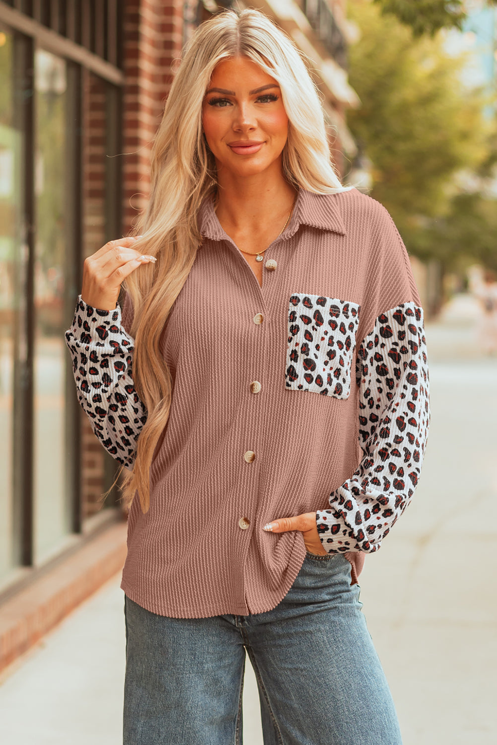 Western Casual Shacket Dark Khaki Leopard Patched Twisted Ribbed