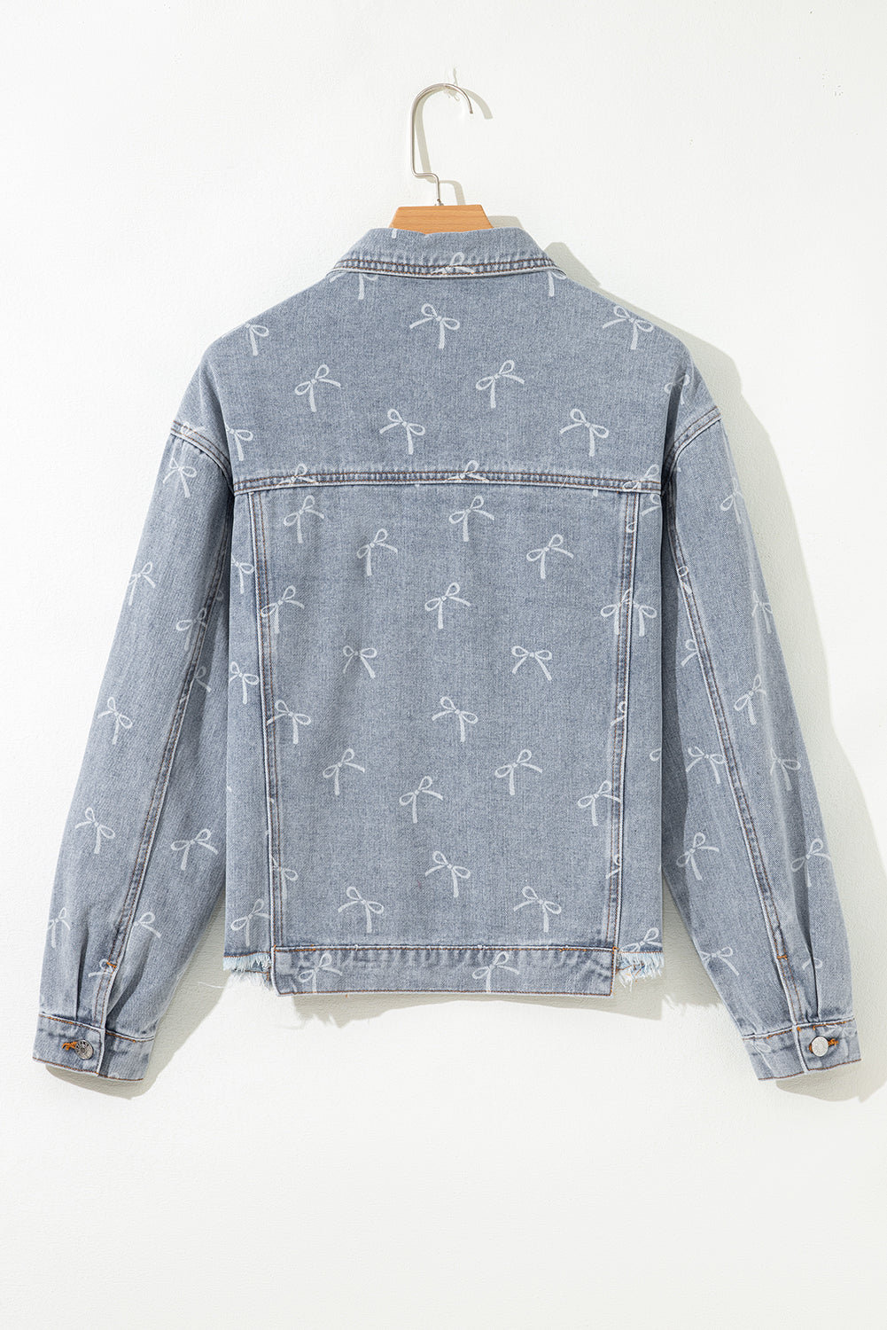 Raw Hem Denim Jacket Sky Blue Bow Knot Print Light Wash