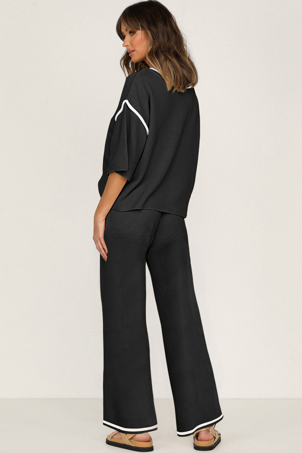 Bright Pink Contrast Trim Half Sleeve Top Drawstring Pants Loose 2pcs Sweater Suit