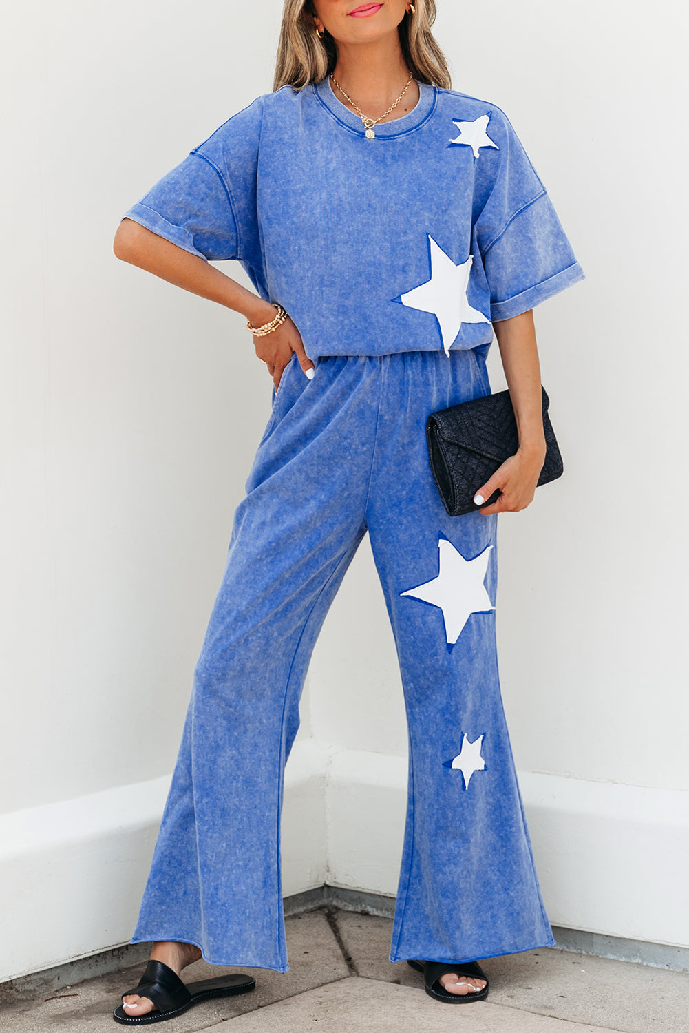 Mint Green Acid Wash Star Patched Rolled Trim Pants Set