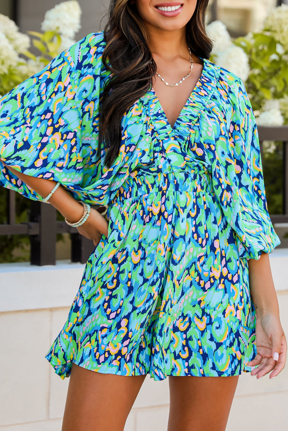 Romper Abstract Print Puff Sleeve V Neck High Waist