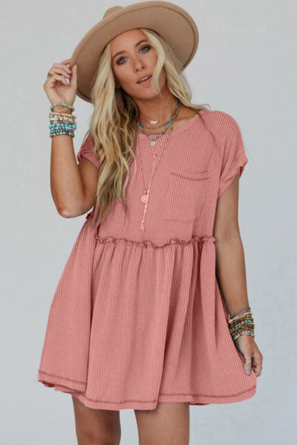 Corded Knit Textured Patched Pocket Frilled Swing Mini Dress with Pockets Dusty Pink