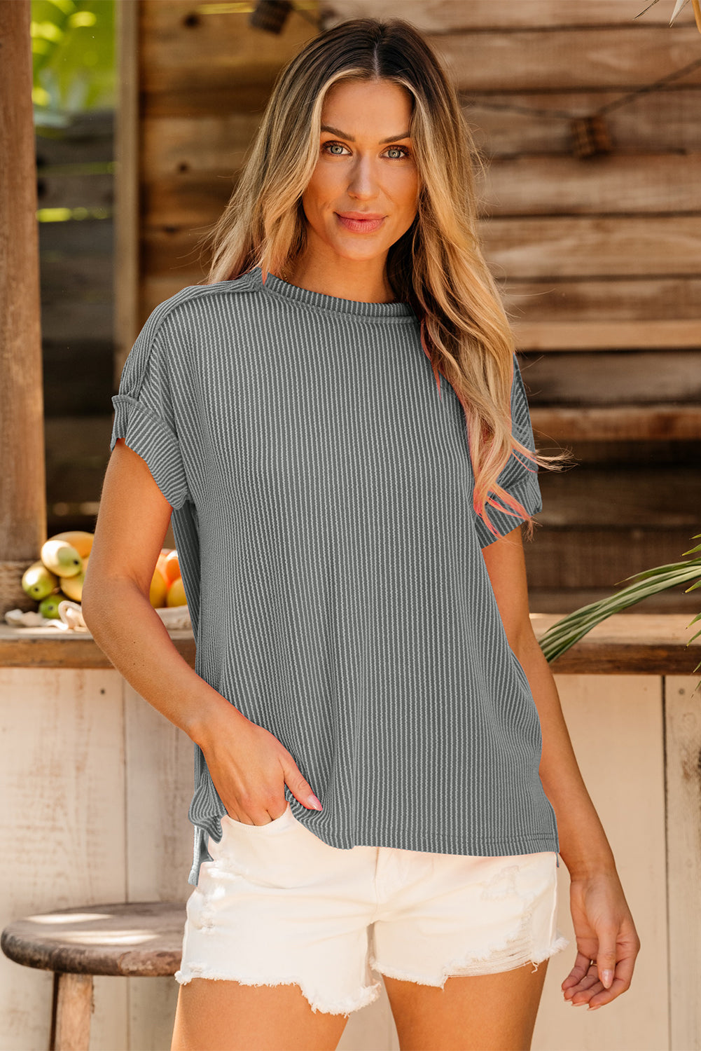 Black Textured Knit Exposed Stitching T-shirt