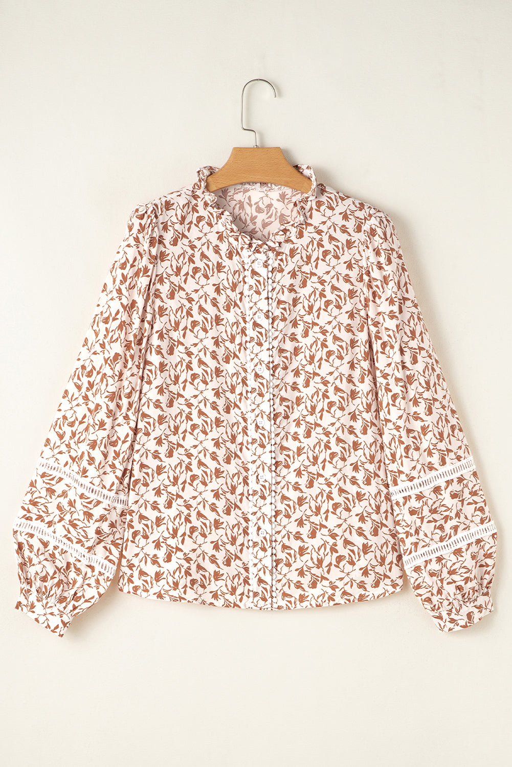 Green Printed Lace Detail Floral Puff Sleeve Fall Shirt