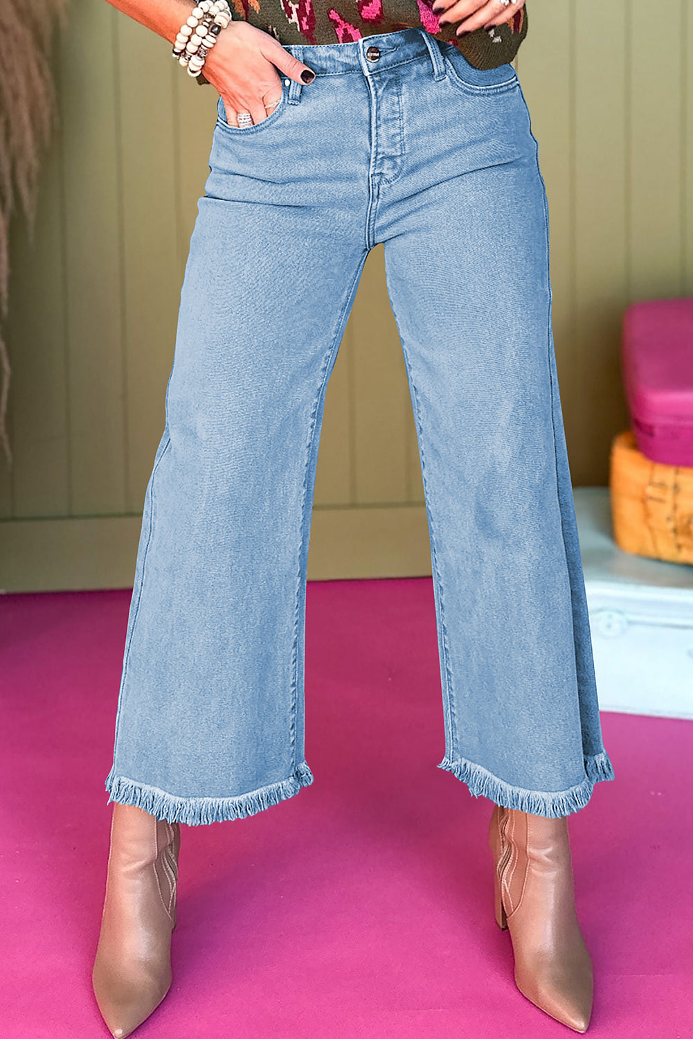 Acid Washed High Rise Cropped Wide Leg Jeans