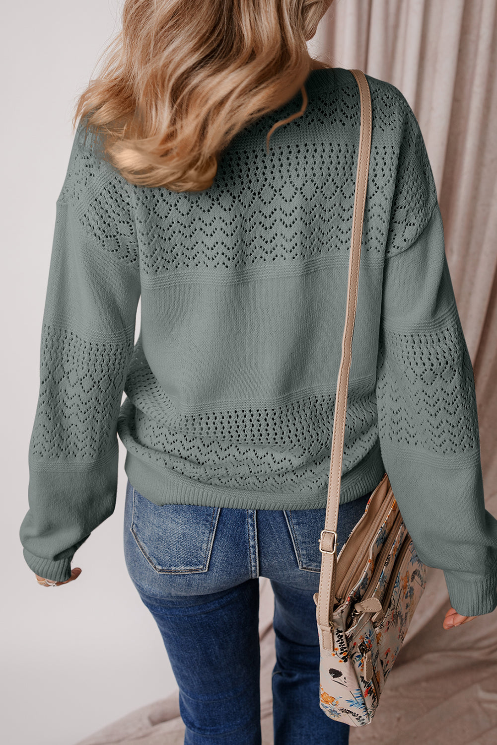 Brown Eyelet Pattern Detail V Neck Drop Shoulder Sweater
