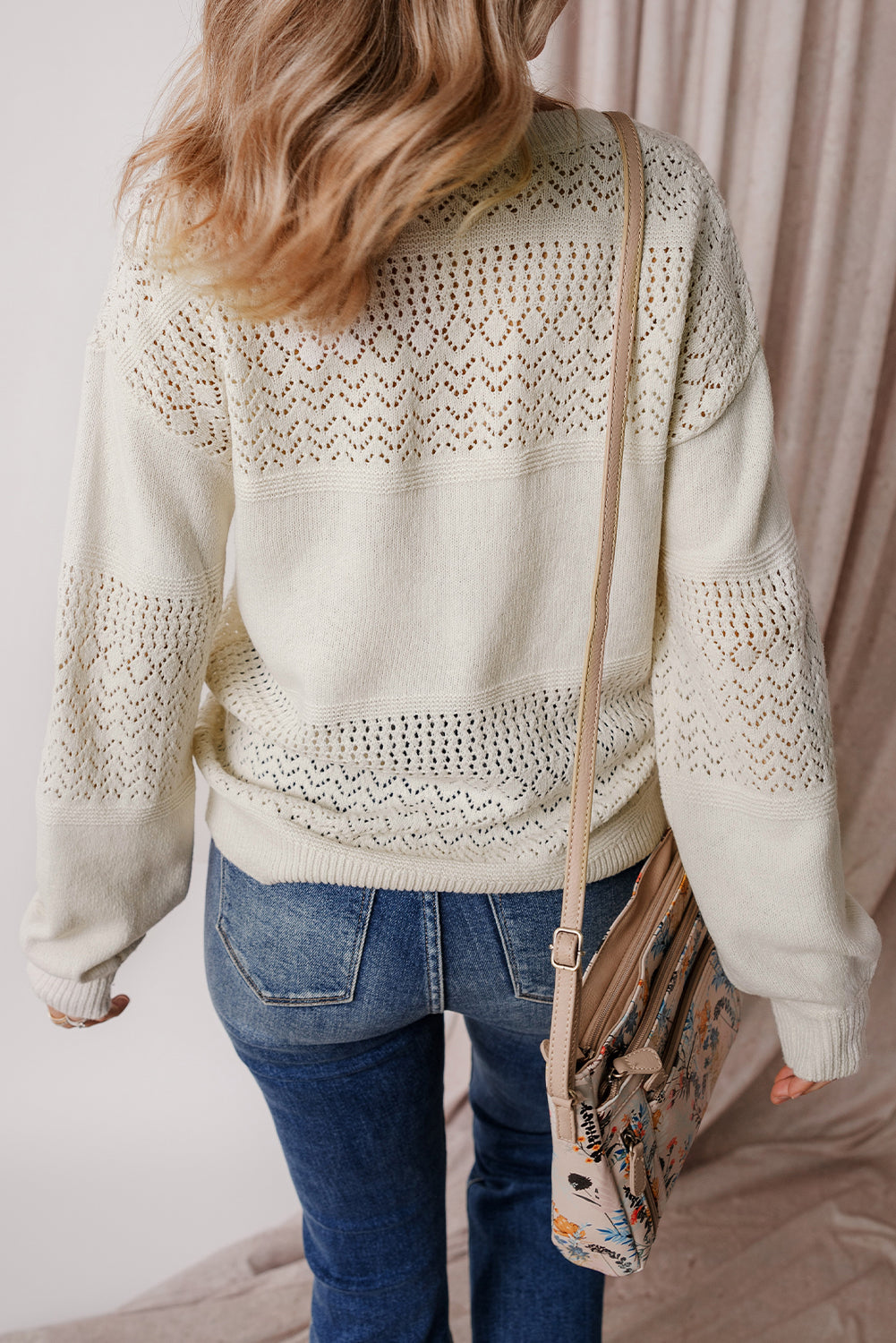 Brown Eyelet Pattern Detail V Neck Drop Shoulder Sweater