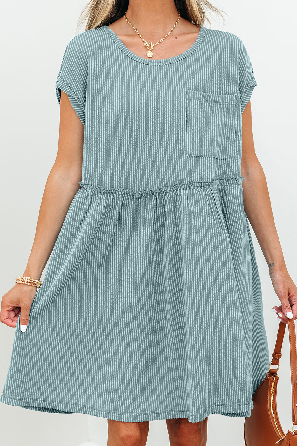 Corded Knit Textured Patched Pocket Frilled Swing Mini Dress with Pockets Dusty Pink