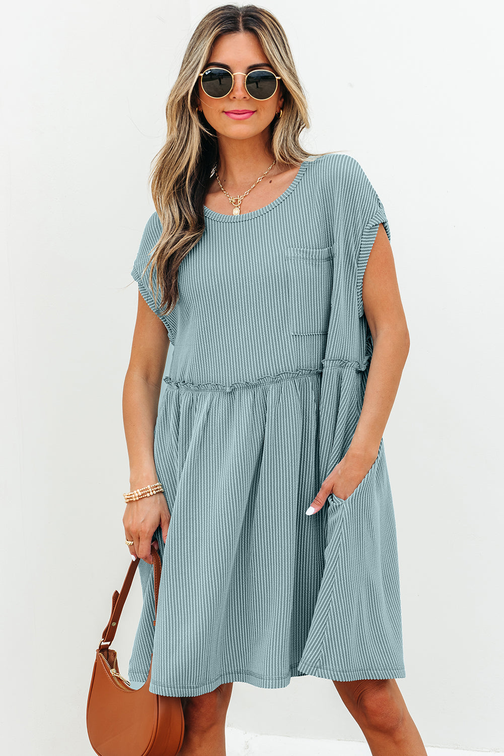 Corded Knit Textured Patched Pocket Frilled Swing Mini Dress with Pockets Dusty Pink
