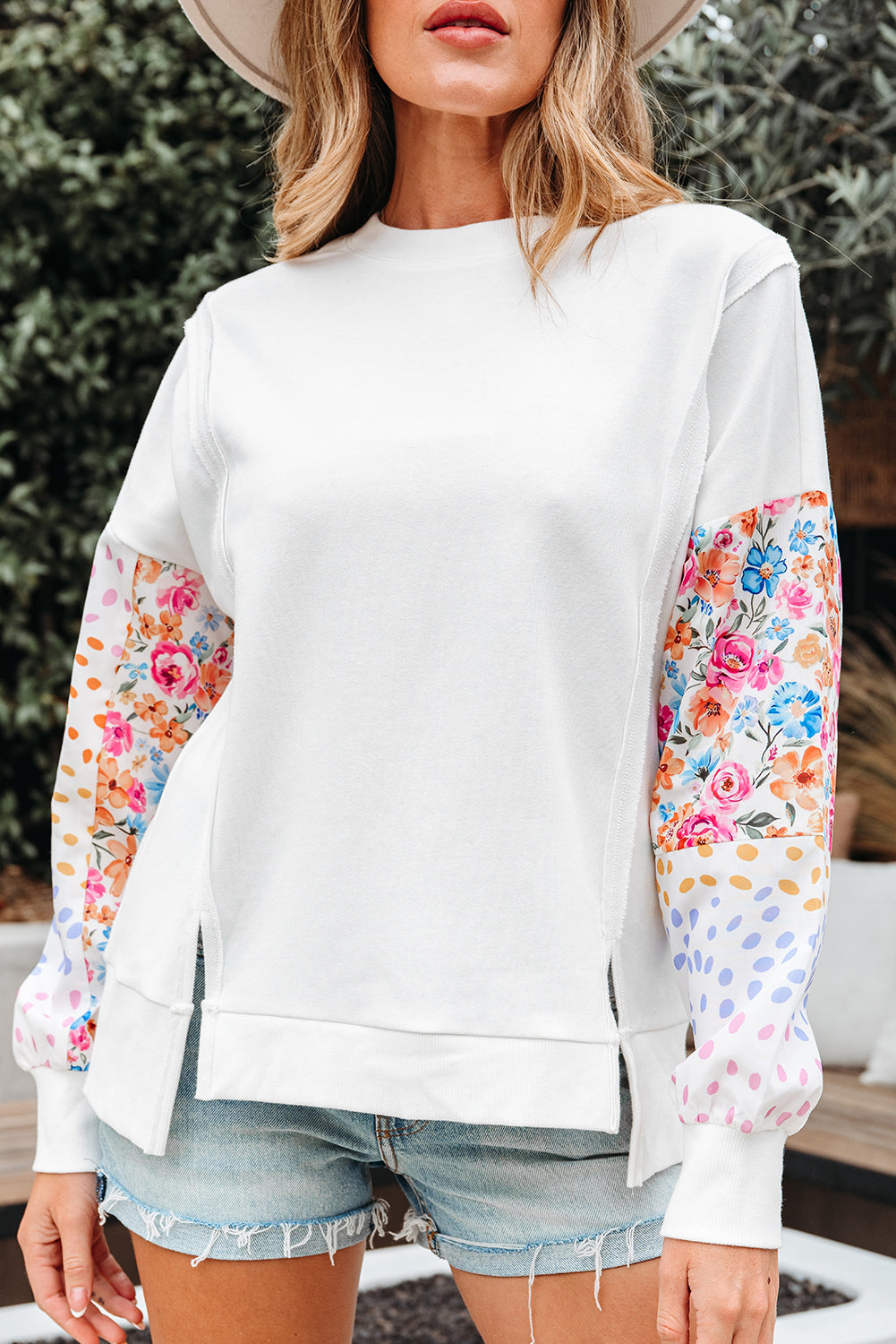 Casual Sweatshirt White Floral Dotted Mixed Print Patchwork Sleeve High Low