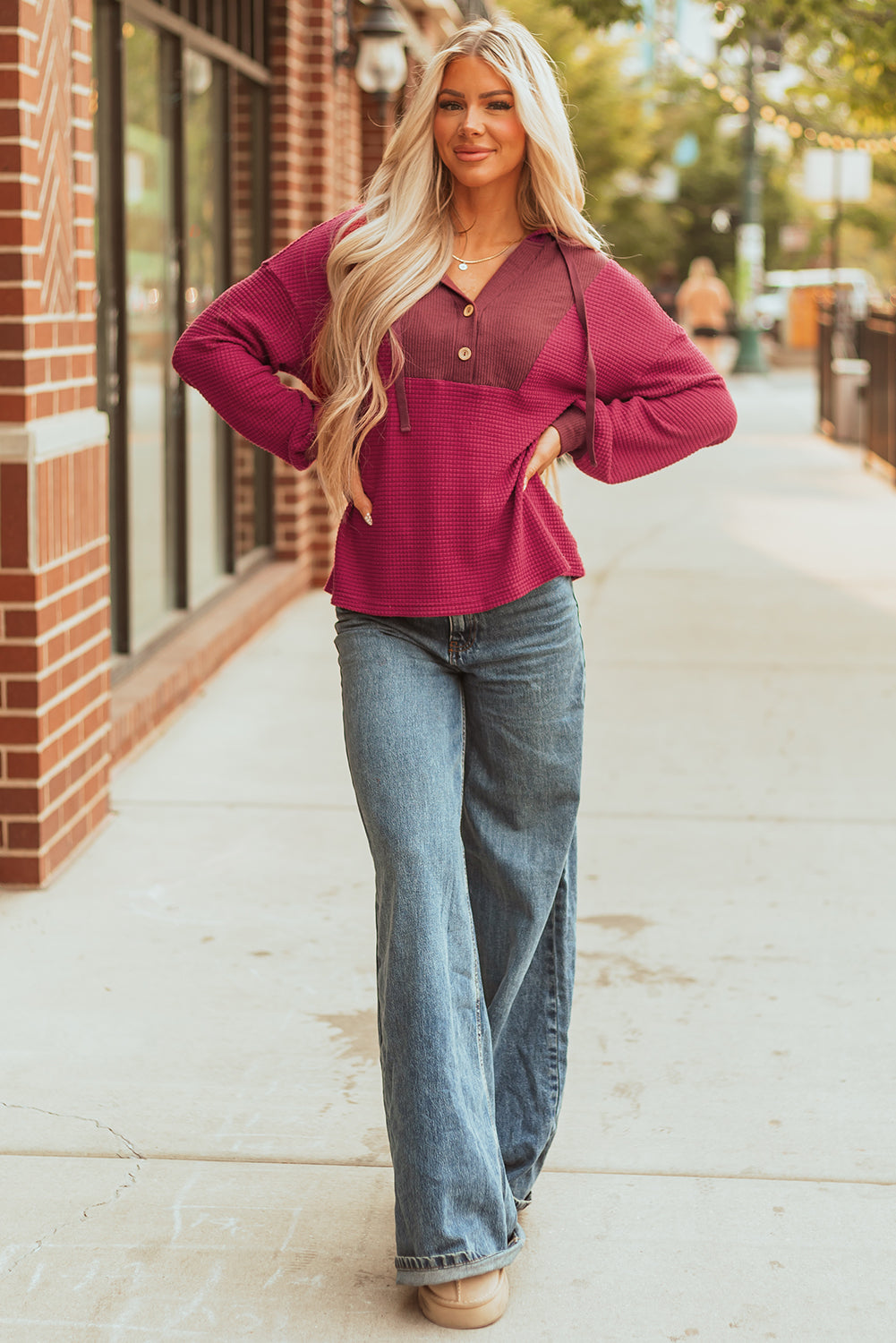 Racing Red Waffle Patchwork Drop Shoulder Hooded Long Sleeve Top