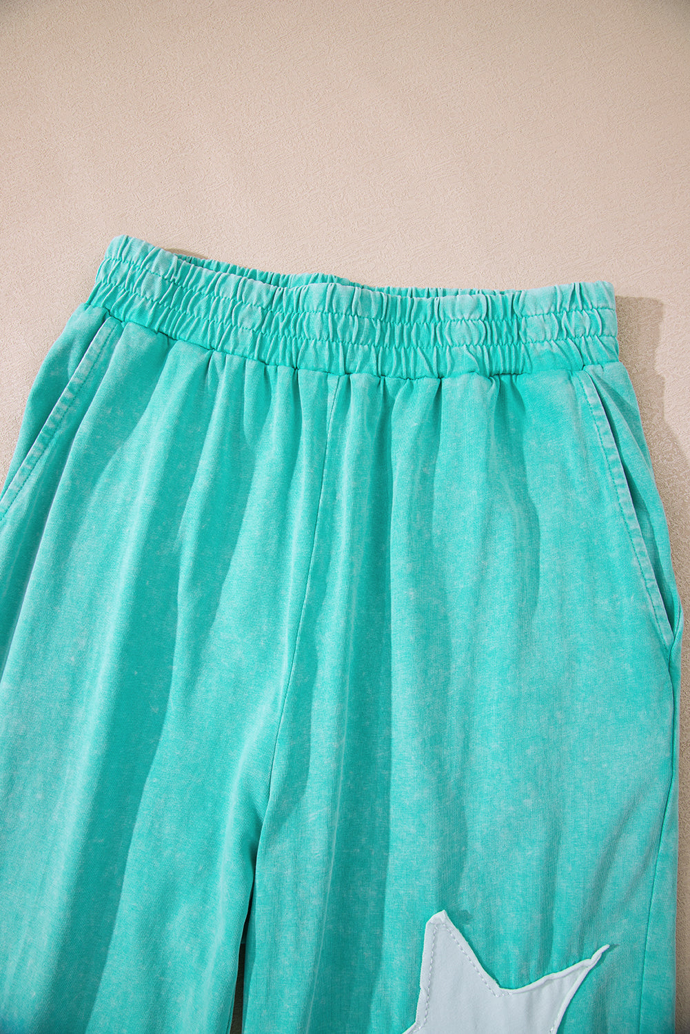 Mint Green Acid Wash Star Patched Rolled Trim Pants Set