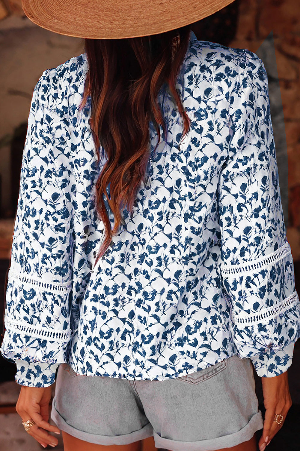Green Printed Lace Detail Floral Puff Sleeve Fall Shirt