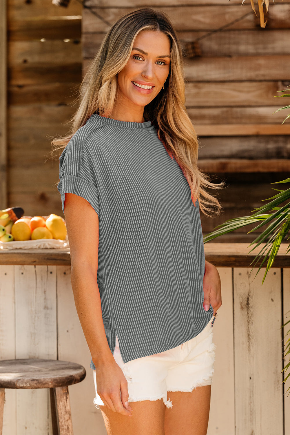 Black Textured Knit Exposed Stitching T-shirt