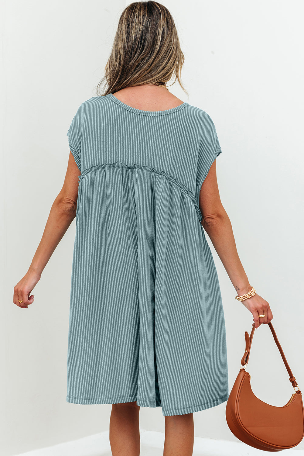 Corded Knit Textured Patched Pocket Frilled Swing Mini Dress with Pockets Dusty Pink