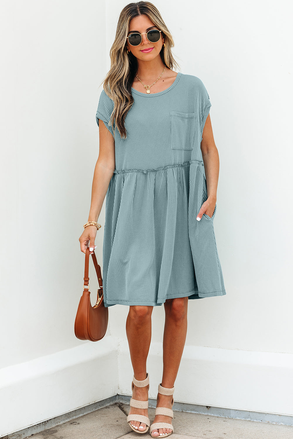 Corded Knit Textured Patched Pocket Frilled Swing Mini Dress with Pockets Dusty Pink