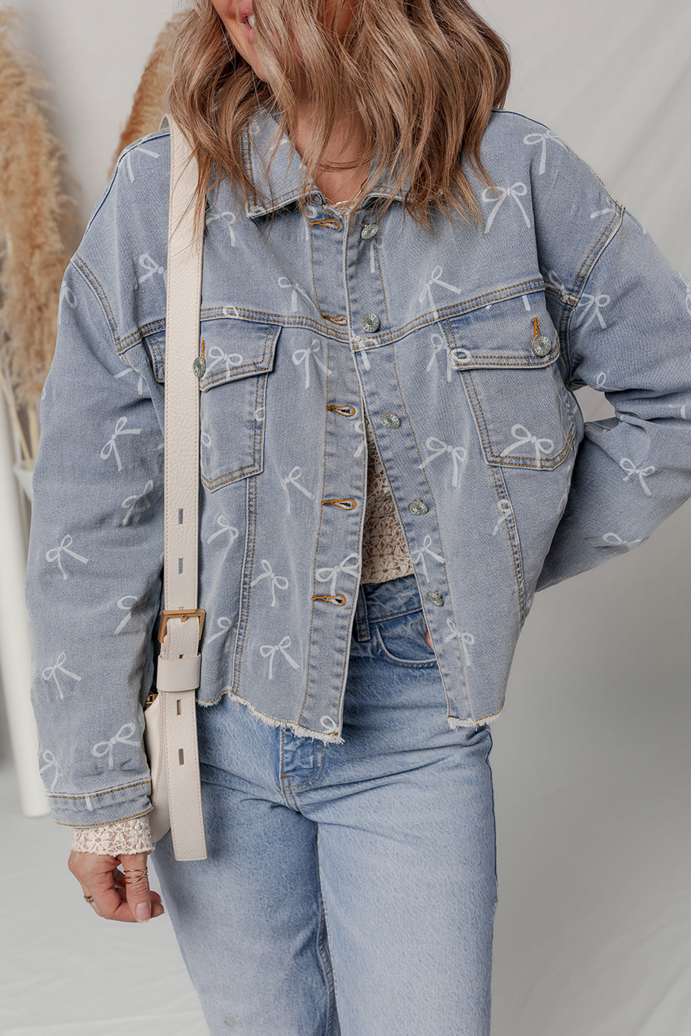 Raw Hem Denim Jacket Sky Blue Bow Knot Print Light Wash