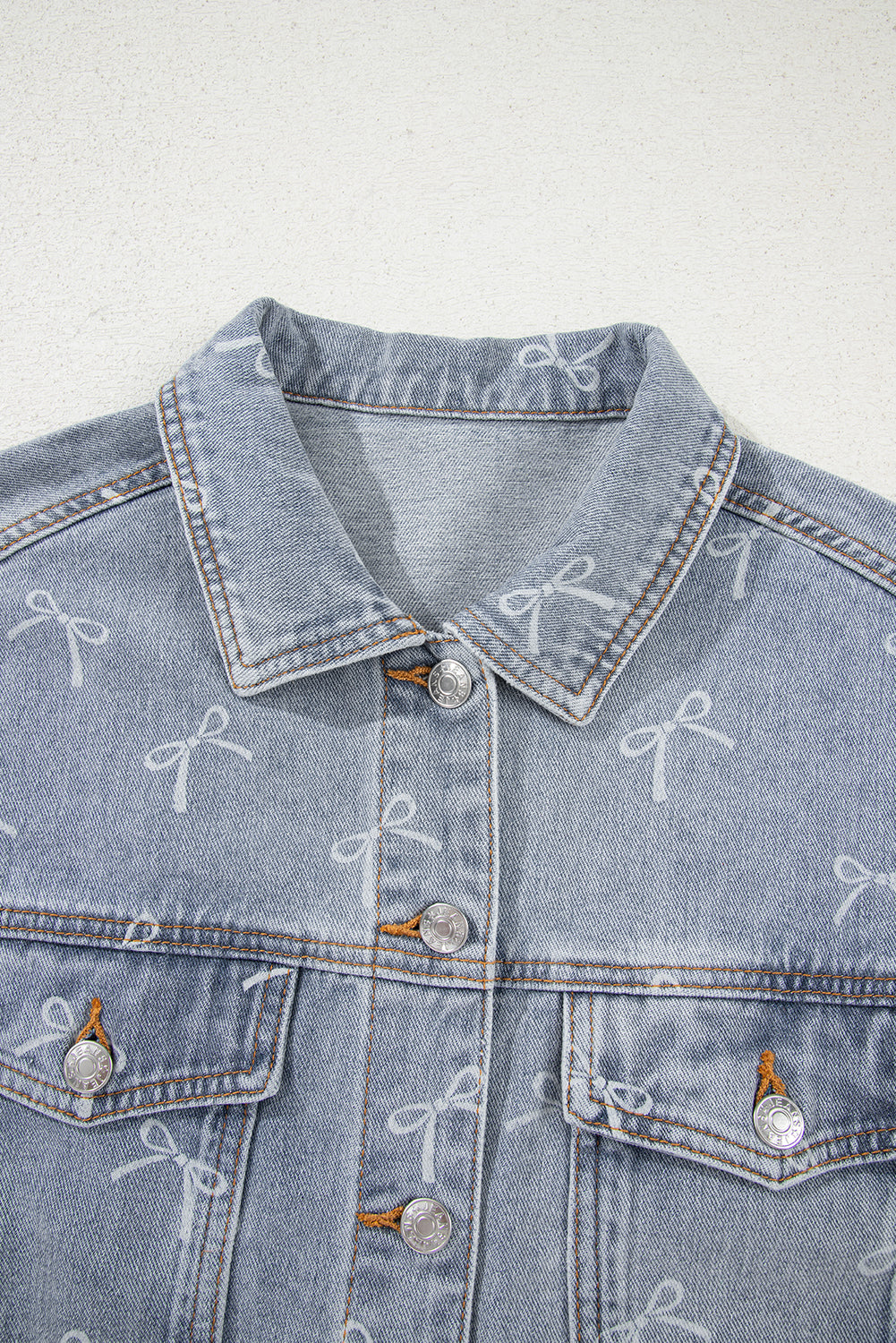 Raw Hem Denim Jacket Sky Blue Bow Knot Print Light Wash