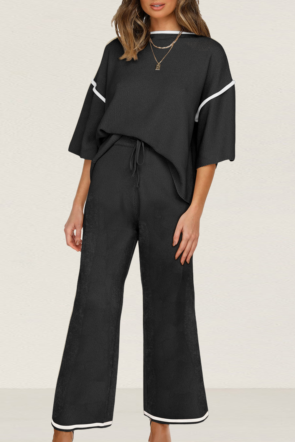 Bright Pink Contrast Trim Half Sleeve Top Drawstring Pants Loose 2pcs Sweater Suit