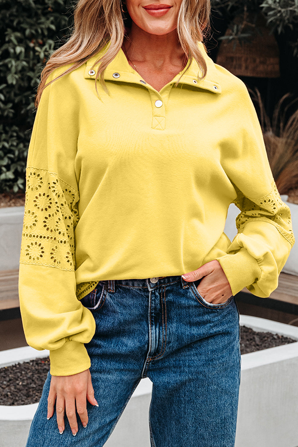 Bonbon Embroidered Flower Patchwork Snap Buttons Pullover Sweatshirt