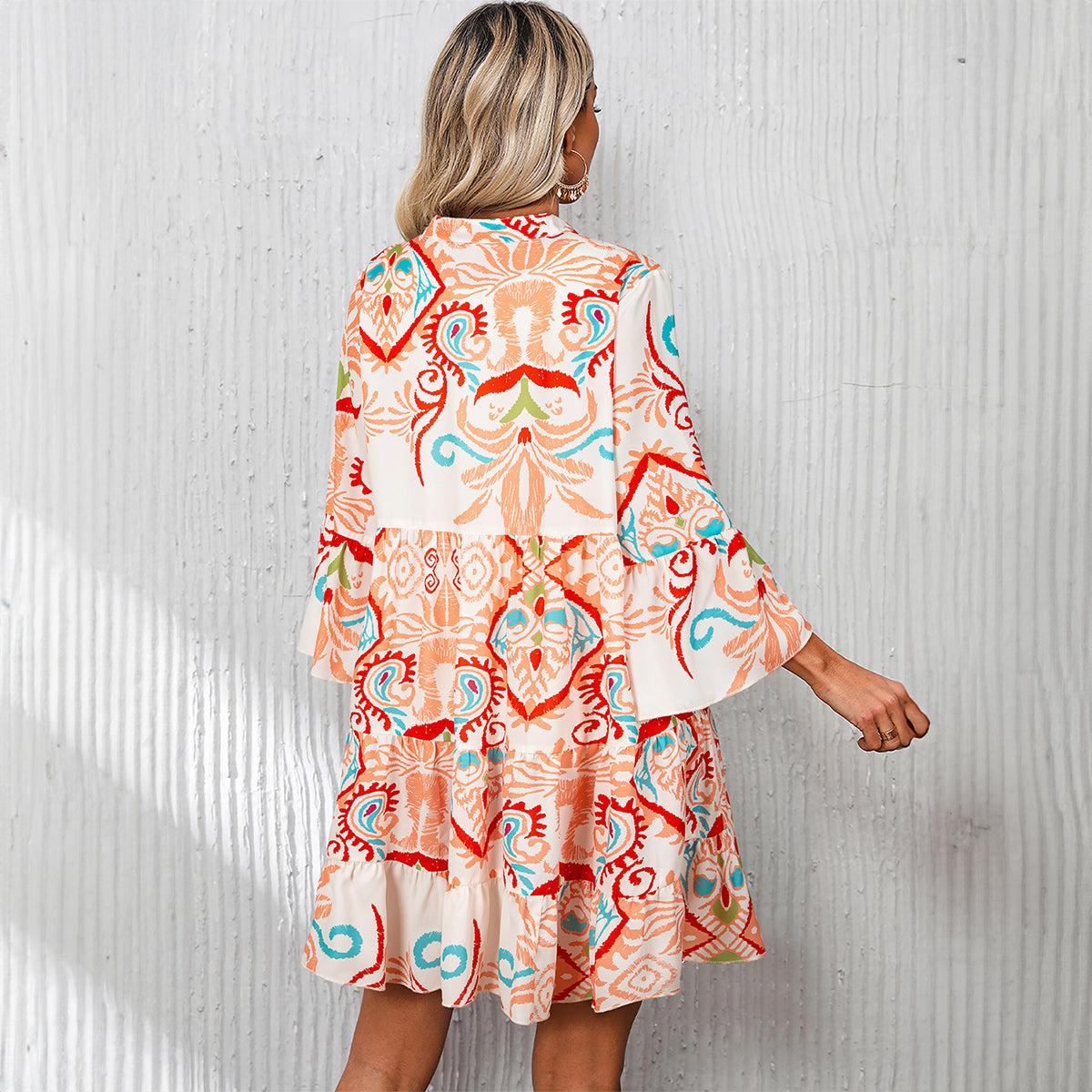 White Printed Tribal Bracelet Sleeve Buttoned Mini Dress