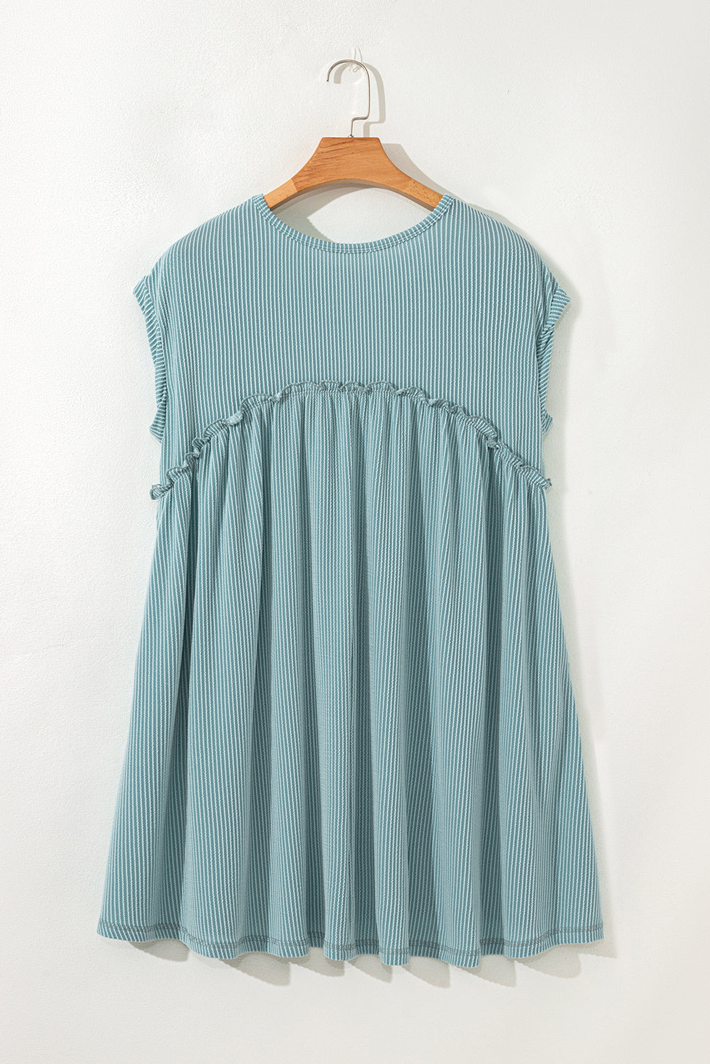Corded Knit Textured Patched Pocket Frilled Swing Mini Dress with Pockets Dusty Pink