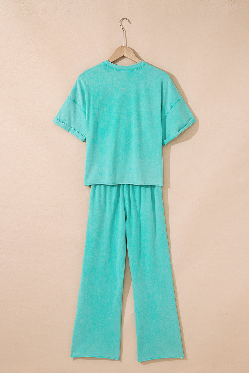 Mint Green Acid Wash Star Patched Rolled Trim Pants Set
