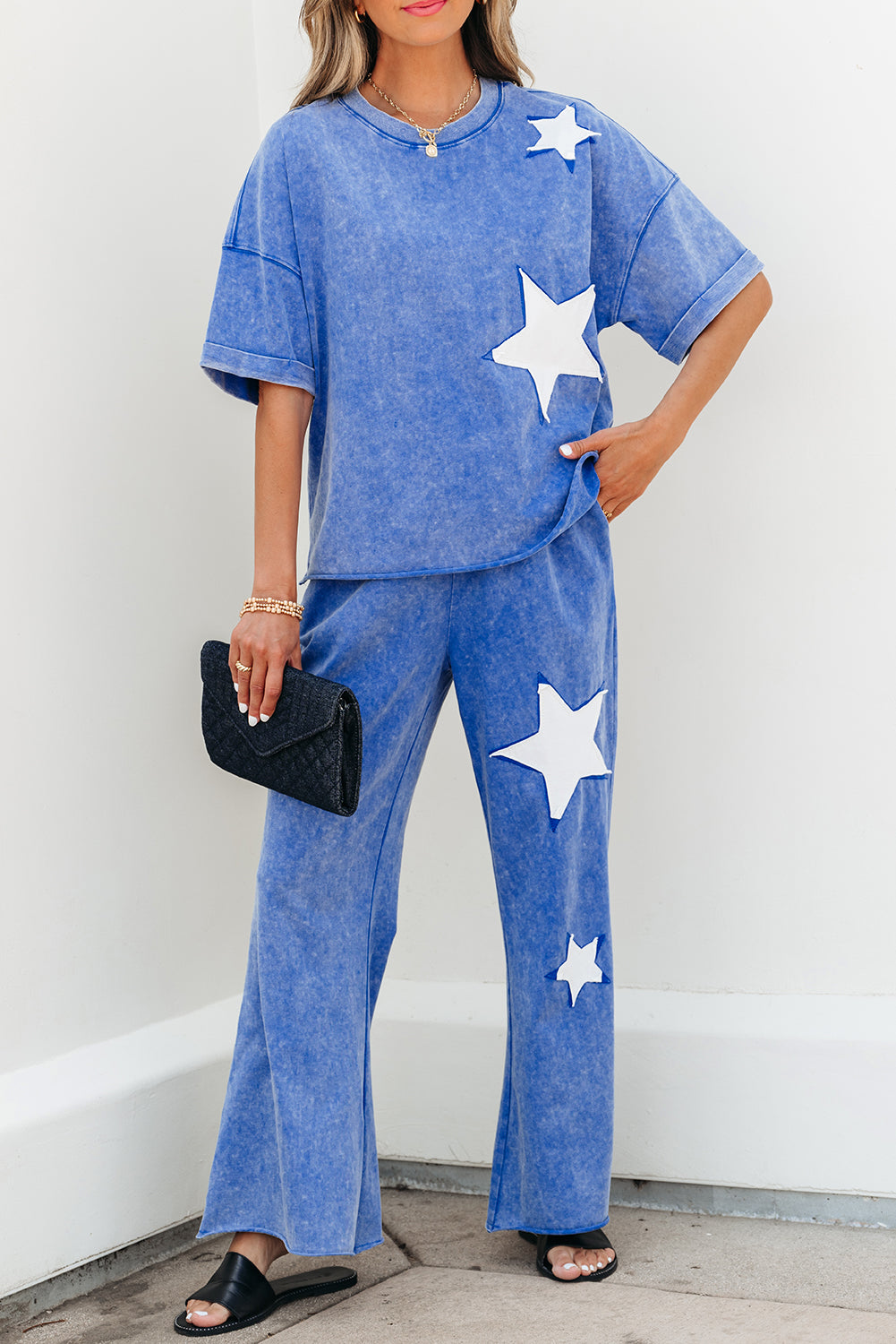 Mint Green Acid Wash Star Patched Rolled Trim Pants Set