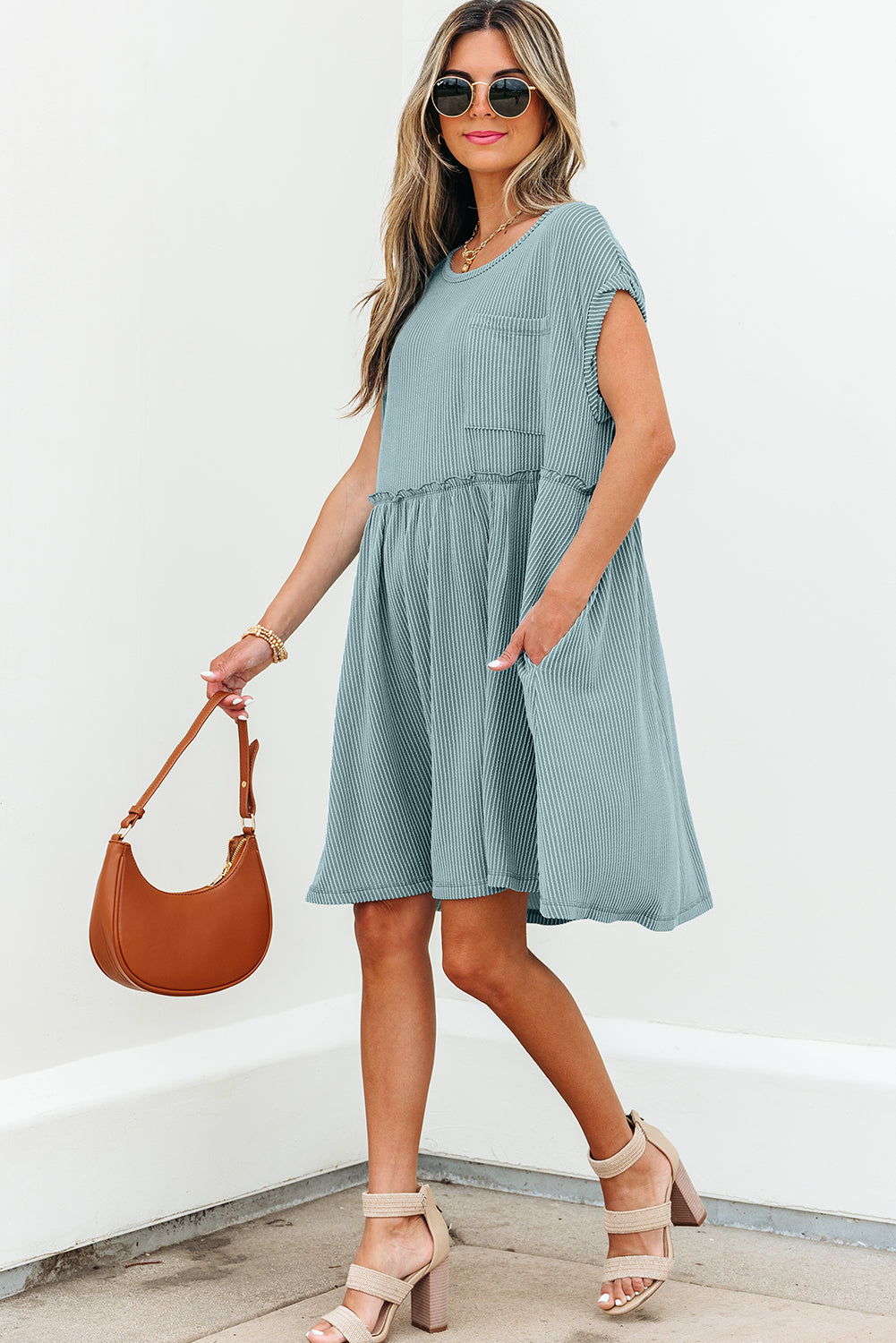 Corded Knit Textured Patched Pocket Frilled Swing Mini Dress with Pockets Dusty Pink