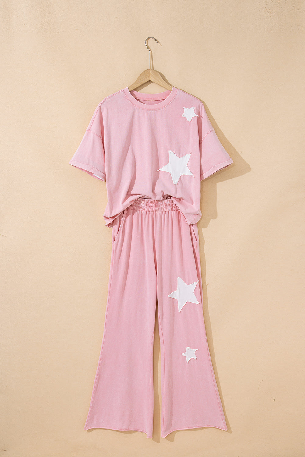 Mint Green Acid Wash Star Patched Rolled Trim Pants Set