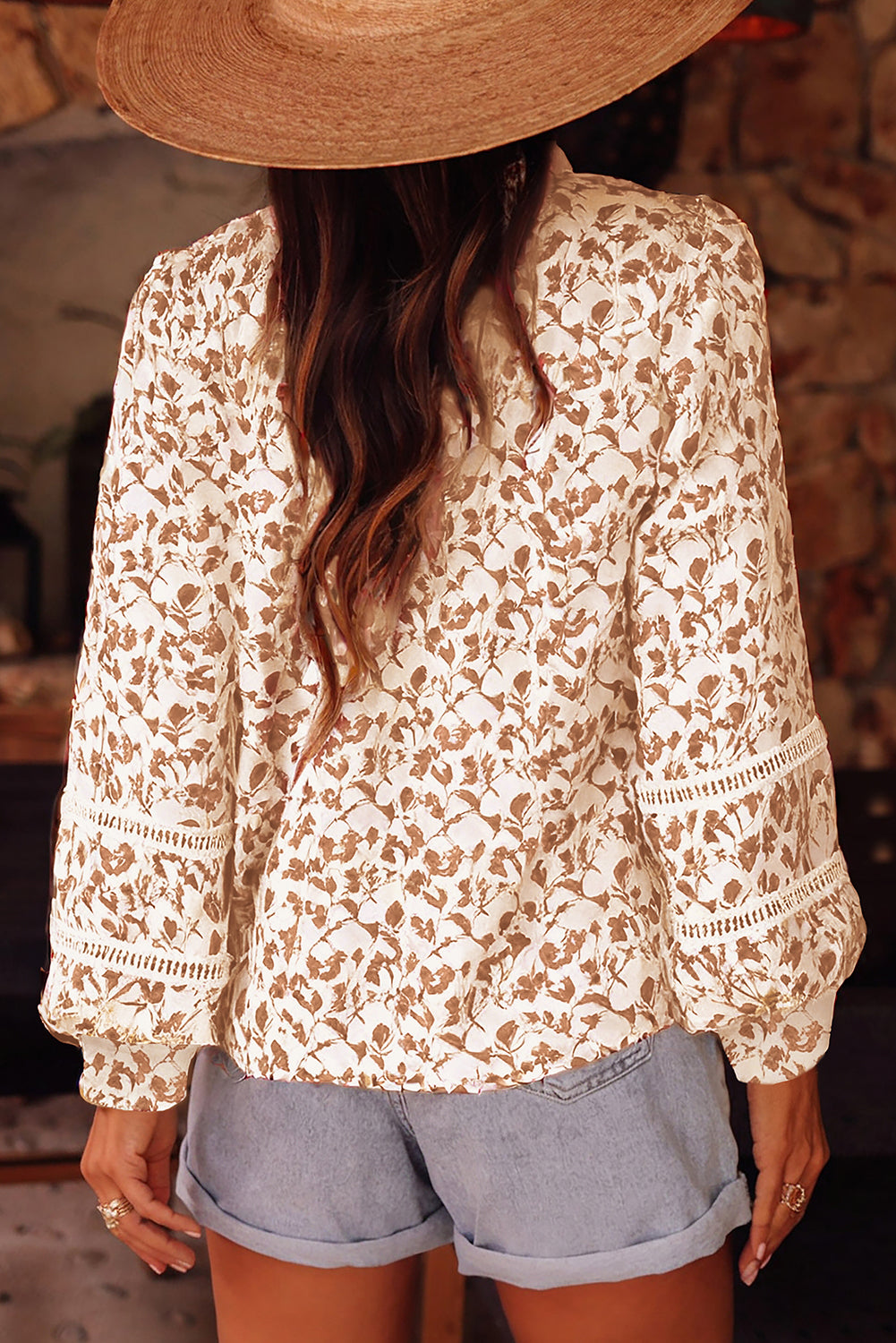 Green Printed Lace Detail Floral Puff Sleeve Fall Shirt