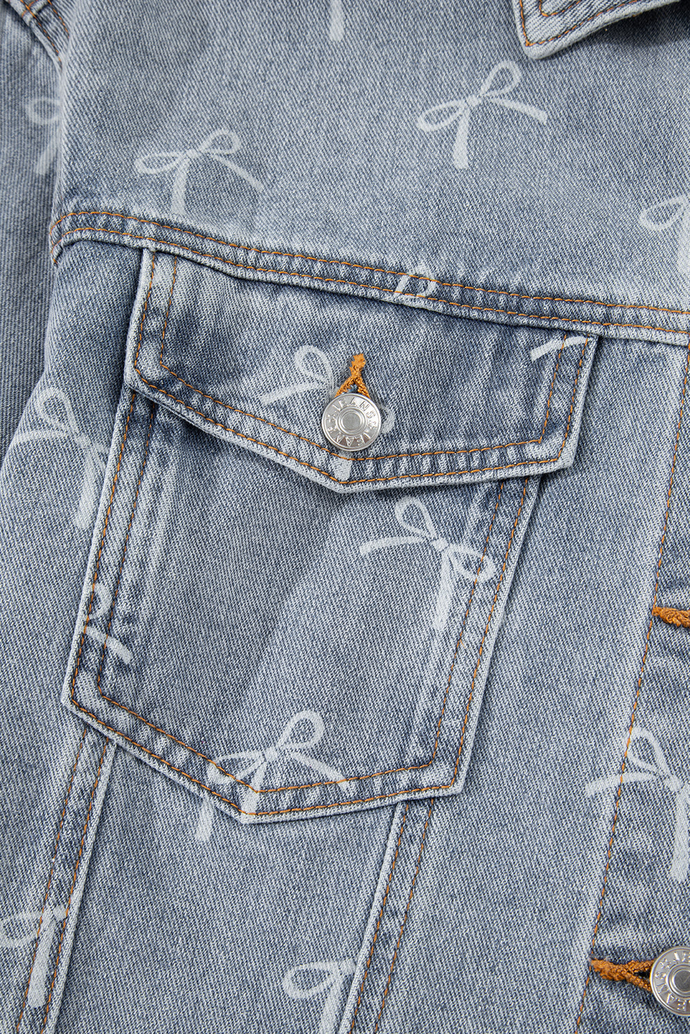 Raw Hem Denim Jacket Sky Blue Bow Knot Print Light Wash